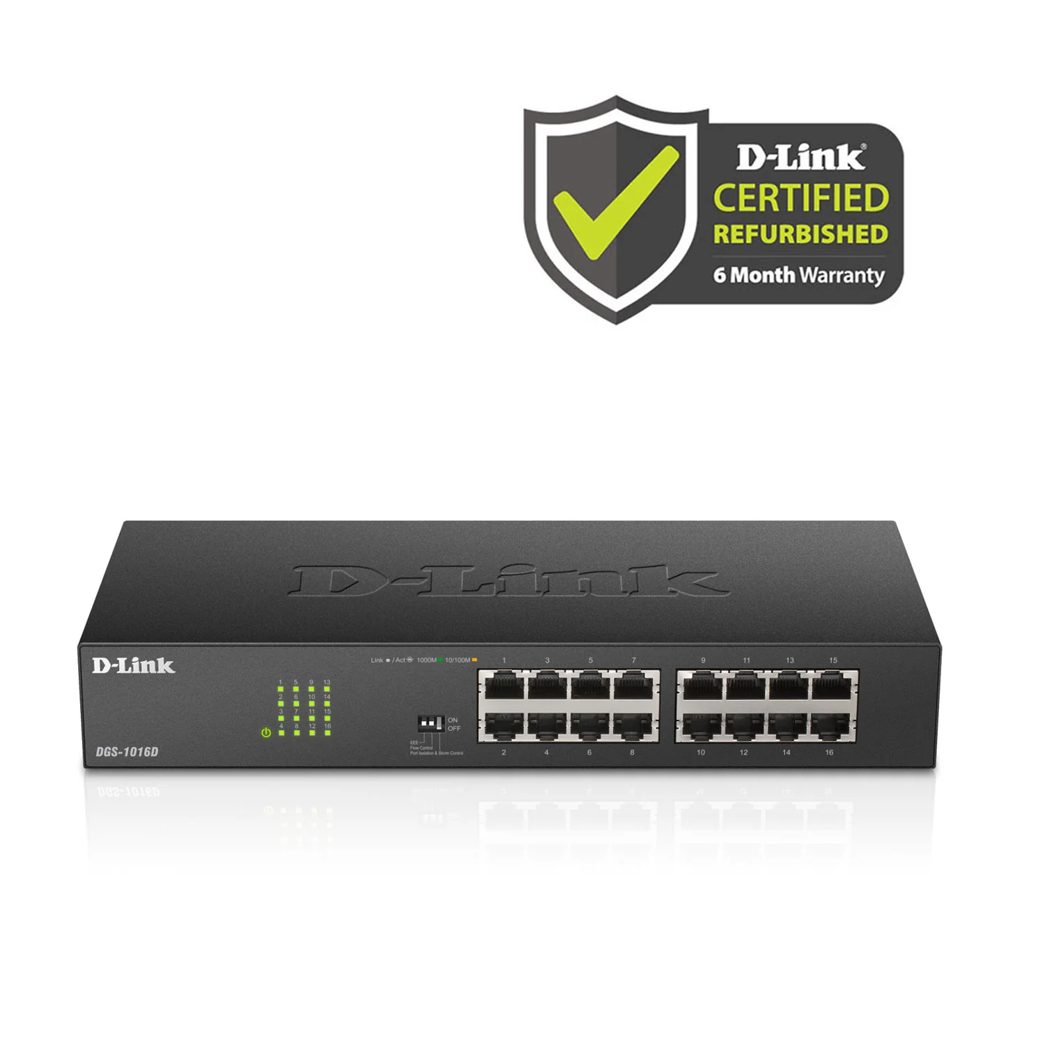 [Certified Refurbished] D-Link 16-Port Gigabit Unmanaged Ethernet Switch (DGS-1016D/RE)| Fanless Metal, Desktop/Rackmount, QoS, Plug-and-Play, Front-Panel Controls, Follows NDAA/TAA
