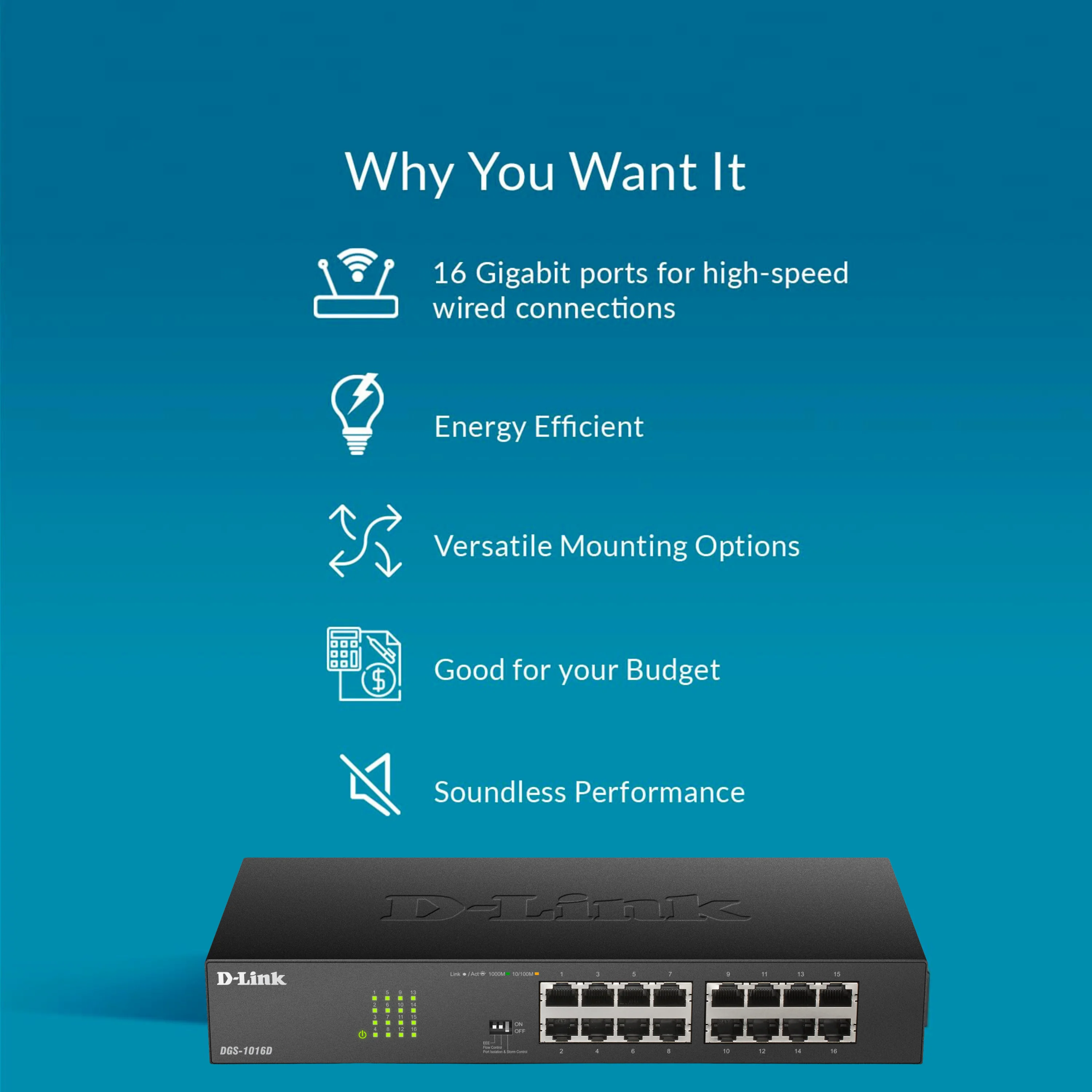 D-Link 16-Port Gigabit Unmanaged Ethernet Switch (DGS-1016D)| Fanless Metal, Desktop/Rackmount, QoS, Plug-and-Play, Front-Panel Controls, Follows NDAA/TAA - Image 8