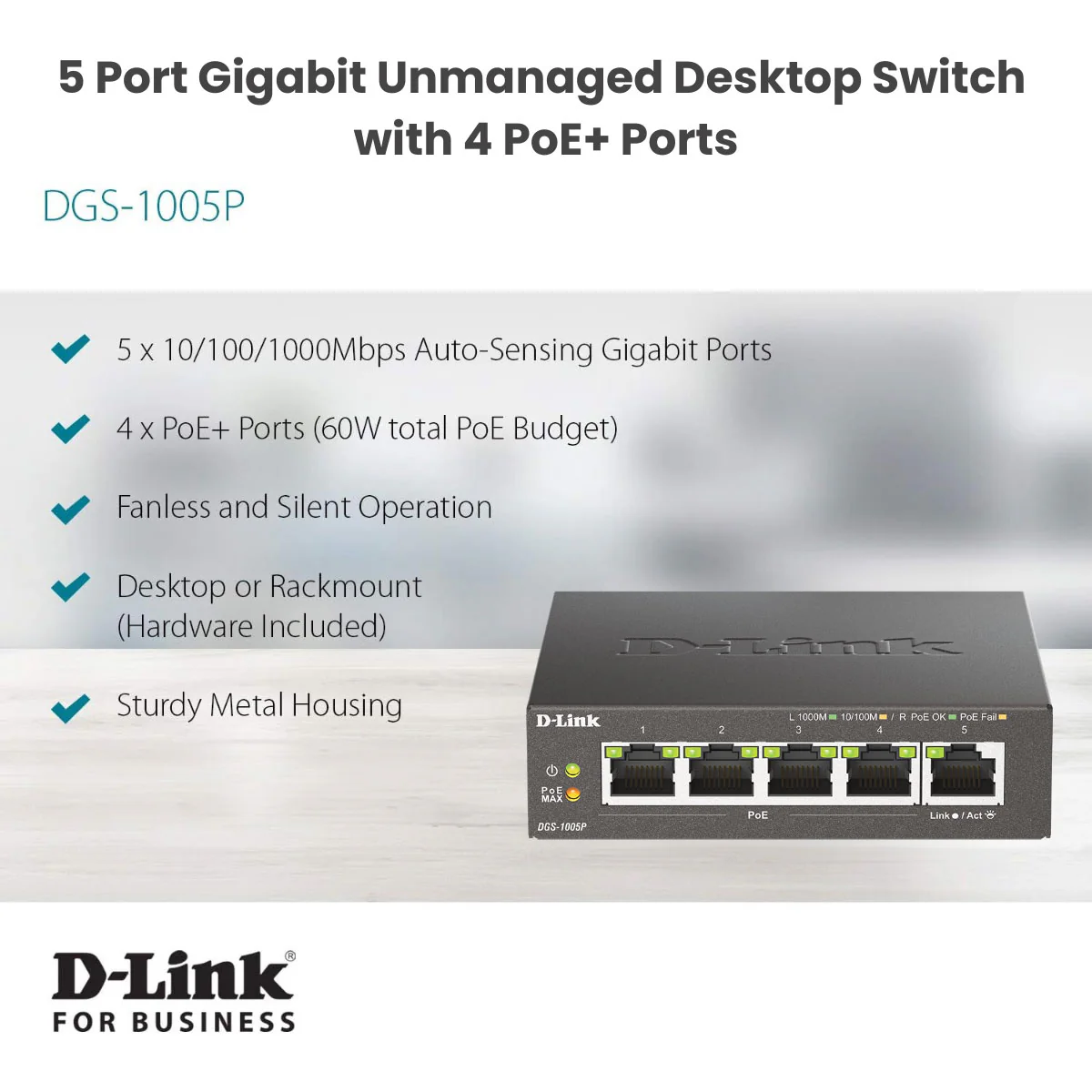 [Certified Refurbished] D-Link 5-Port Gigabit PoE+ Unmanaged Switch | 4 PoE+ Ports (60W Total PoE Budget) | Metal Compact Desktop - (DGS-1005P/RE) - Image 4