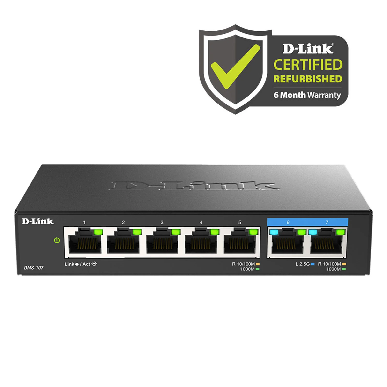 [Certified Refurbished] D-Link 7-Port Multi-Gigabit (2.5Gb) Unmanaged Ethernet Switch (DMS-107/RE) | 2 x 2.5 Gb, 5 x 10/100/1000Mbps Ports