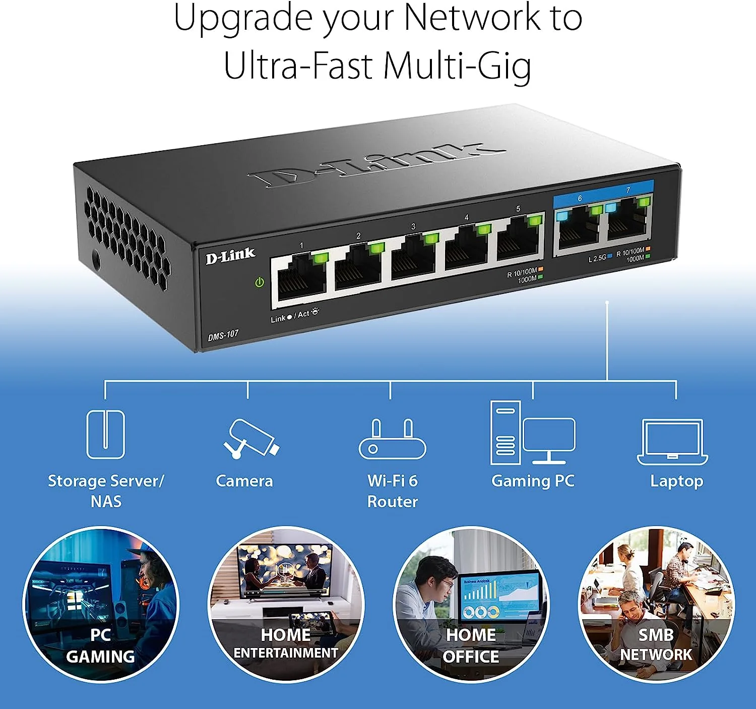 D-Link 7-Port Multi-Gigabit (2.5Gb) Unmanaged Ethernet Switch (DMS-107) | 2 x 2.5 Gb, 5 x 10/100/1000Mbps Ports - Image 3