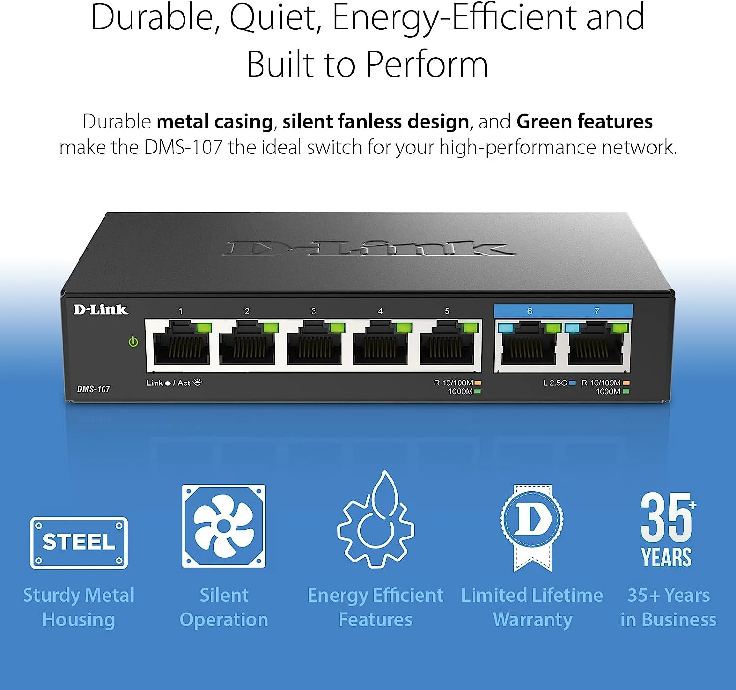 D-Link 7-Port Multi-Gigabit (2.5Gb) Unmanaged Ethernet Switch (DMS-107) | 2 x 2.5 Gb, 5 x 10/100/1000Mbps Ports - Image 4