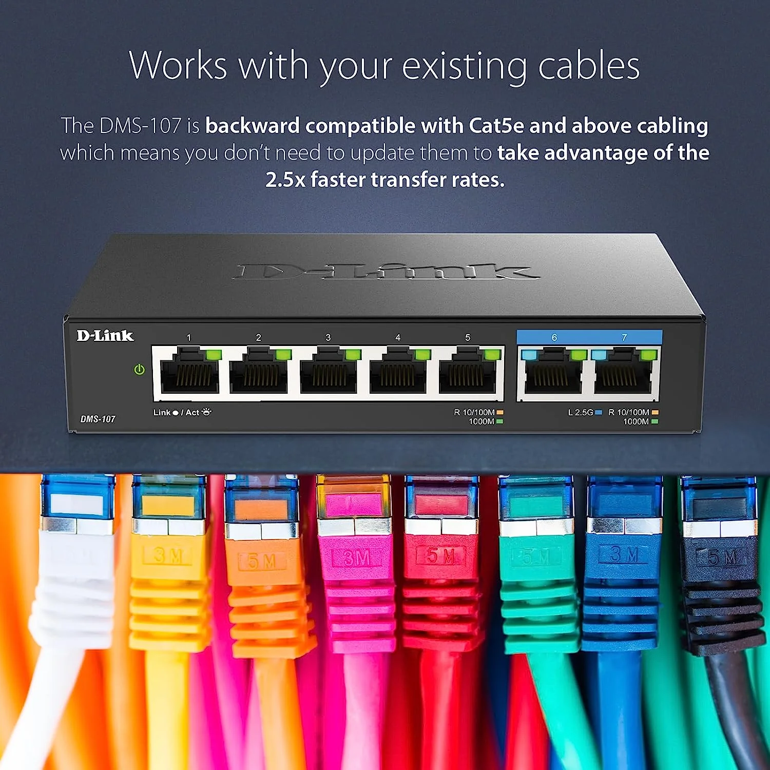 D-Link 7-Port Multi-Gigabit (2.5Gb) Unmanaged Ethernet Switch (DMS-107) | 2 x 2.5 Gb, 5 x 10/100/1000Mbps Ports - Image 5