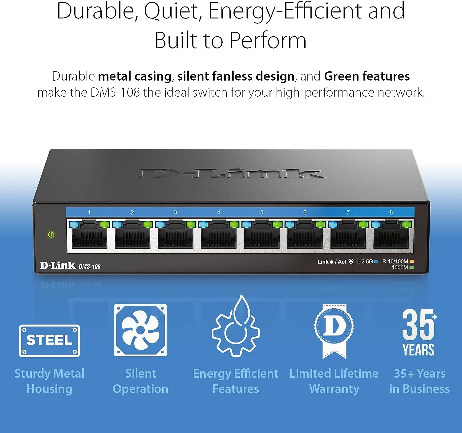 D-Link 8-Port 2.5Gb Unmanaged Gaming Switch (DMS-108) with 8 x 2.5G - Multi-Gig, Network, Fanless, Plug & Play, Follows NDAA/TAA, Limited Lifetime Warranty - Image 4