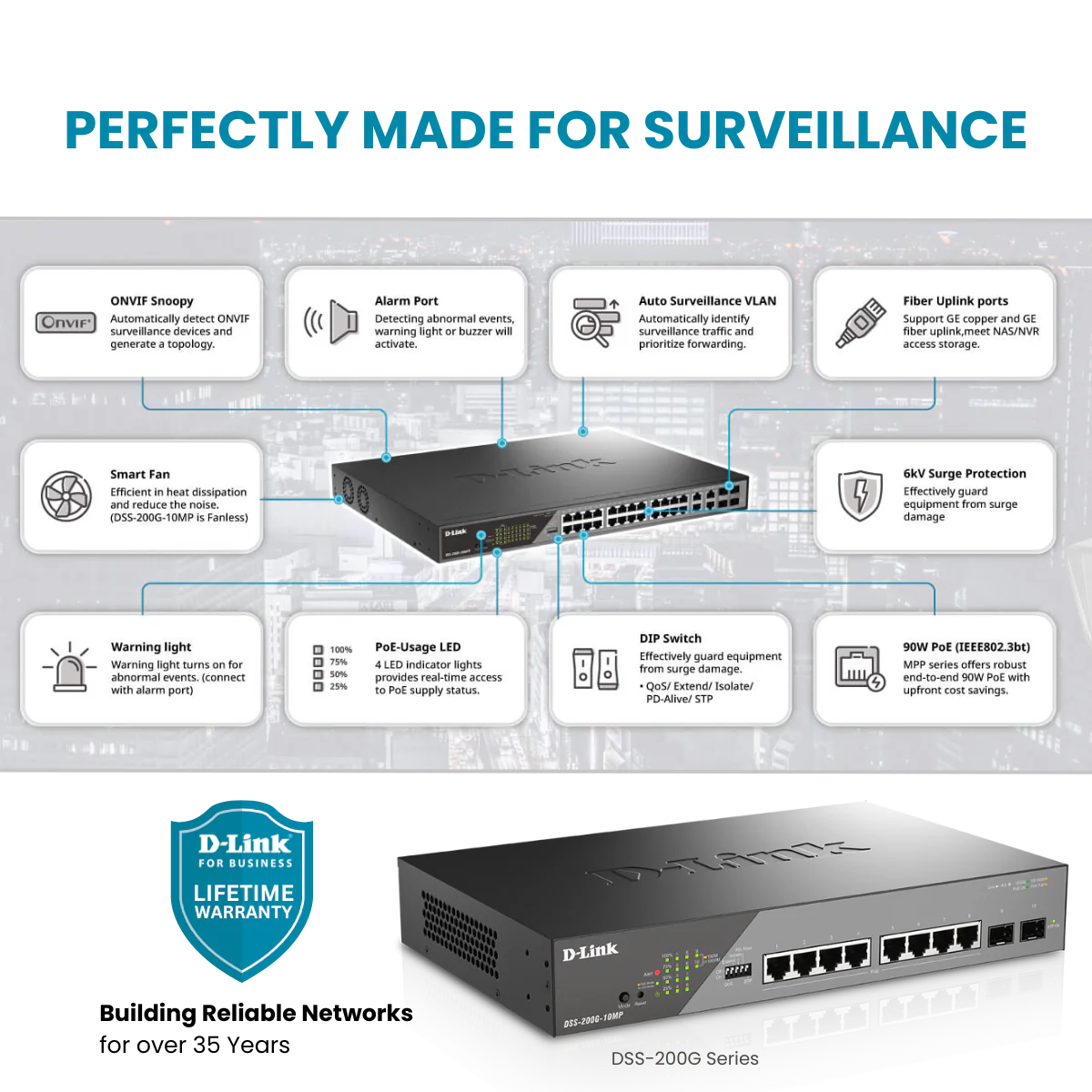 D-Link 10-Port Gigabit PoE+ Smart Managed Switch (130W PoE Budget) with 2 SFP Ports - (DSS-200G-10MP) - Image 3