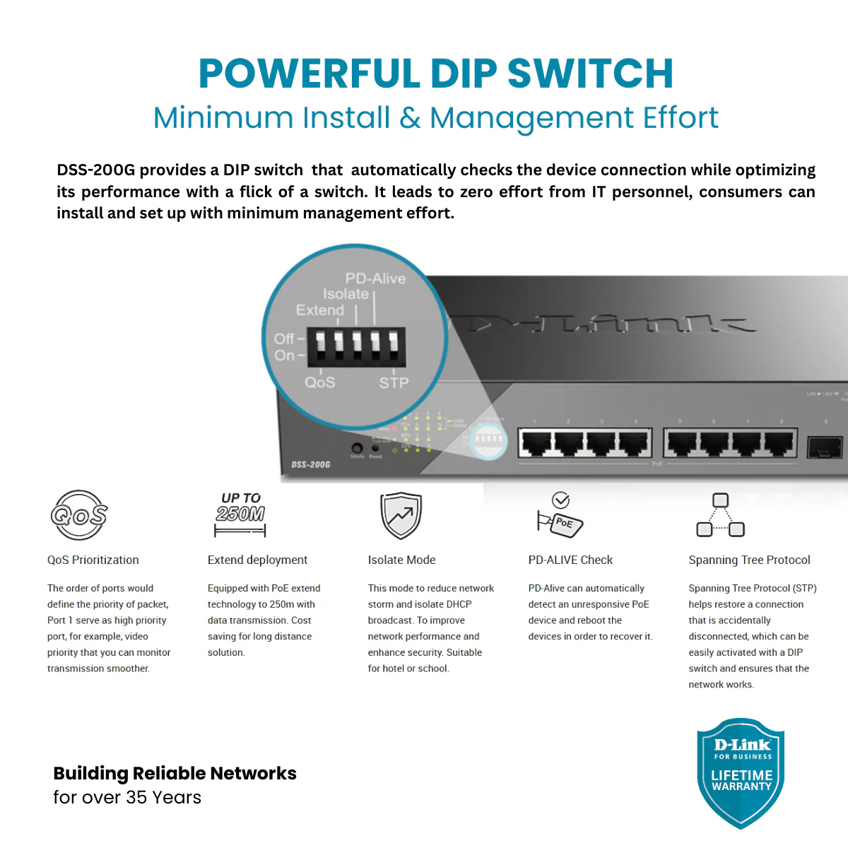 D-Link 10-Port Gigabit PoE+ Smart Managed Switch (130W PoE Budget) with 2 SFP Ports - (DSS-200G-10MP) - Image 4