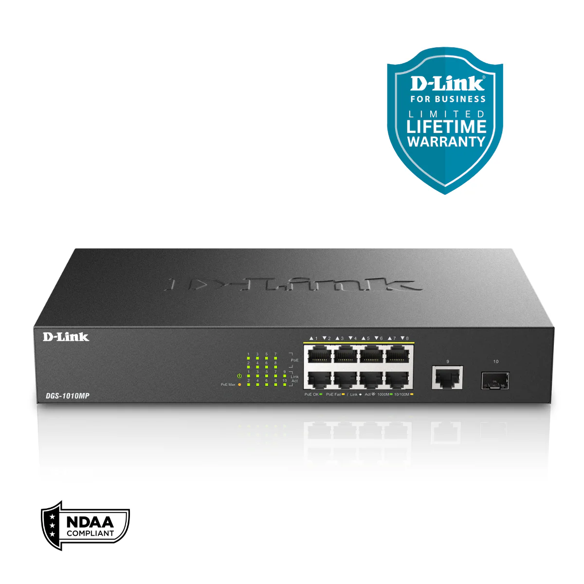 D-Link 10-Port Gigabit PoE+ Unmanaged/Plug and Play Switch | 8 PoE+ Ports (125W) + 1 GbE &amp; 1 SFP Port | Fanless | Desktop/Rackmount - (DGS-1010MP)