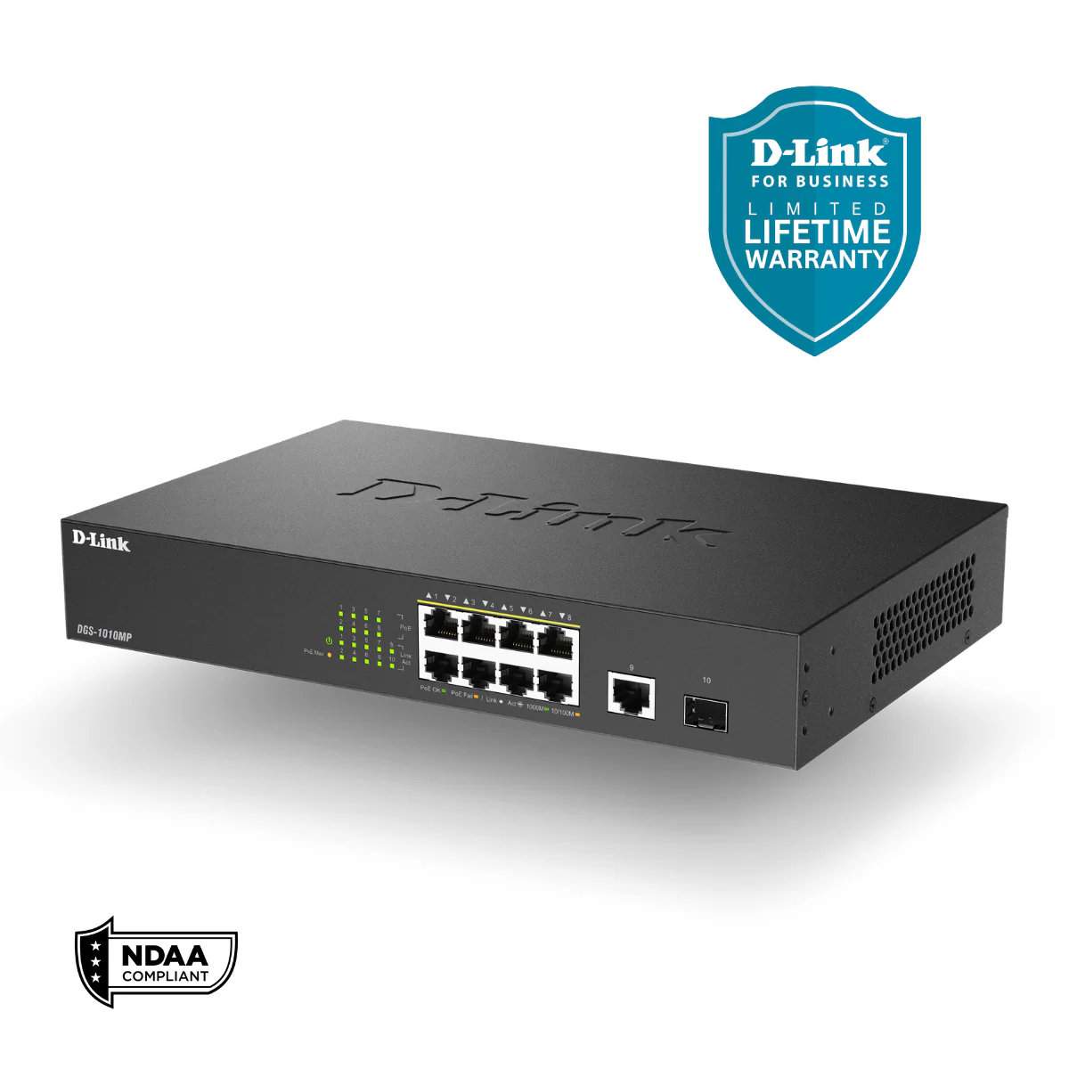 D-Link 10-Port Gigabit PoE+ Unmanaged/Plug and Play Switch | 8 PoE+ Ports (125W) + 1 GbE &amp; 1 SFP Port | Fanless | Desktop/Rackmount - (DGS-1010MP) - Image 2