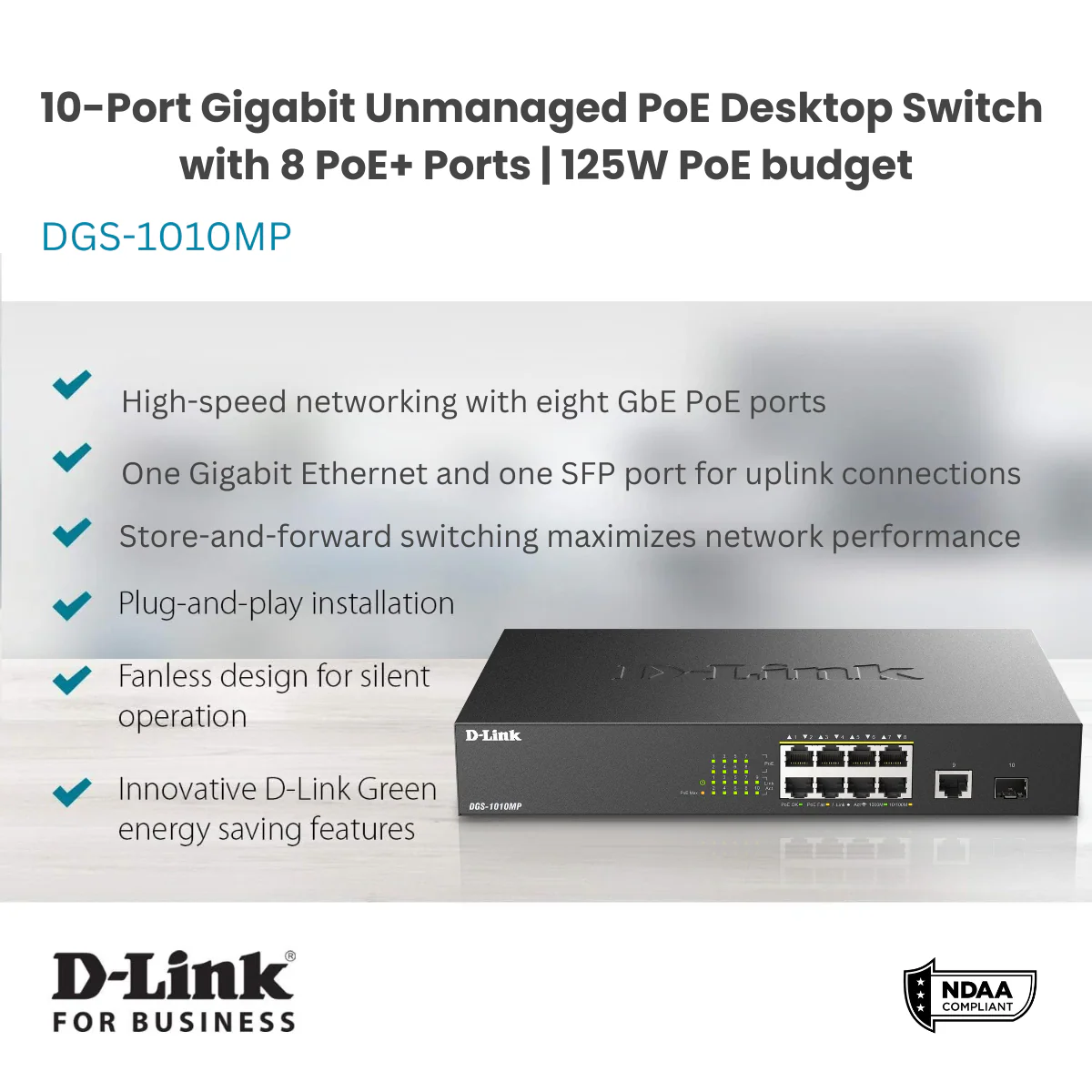 D-Link 10-Port Gigabit PoE+ Unmanaged/Plug and Play Switch | 8 PoE+ Ports (125W) + 1 GbE &amp; 1 SFP Port | Fanless | Desktop/Rackmount - (DGS-1010MP) - Image 4