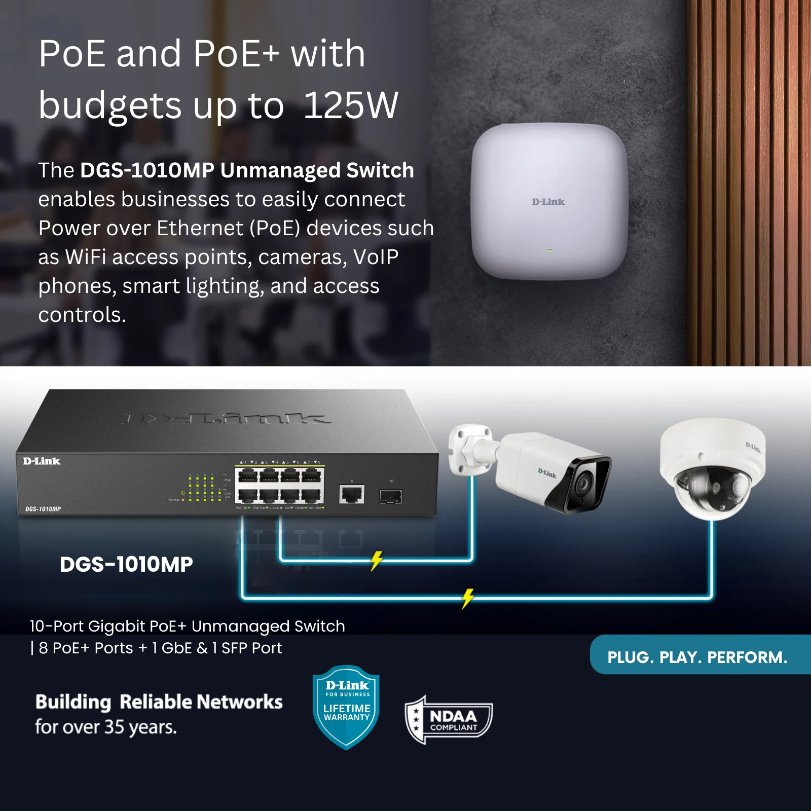 D-Link 10-Port Gigabit PoE+ Unmanaged/Plug and Play Switch | 8 PoE+ Ports (125W) + 1 GbE &amp; 1 SFP Port | Fanless | Desktop/Rackmount - (DGS-1010MP) - Image 5