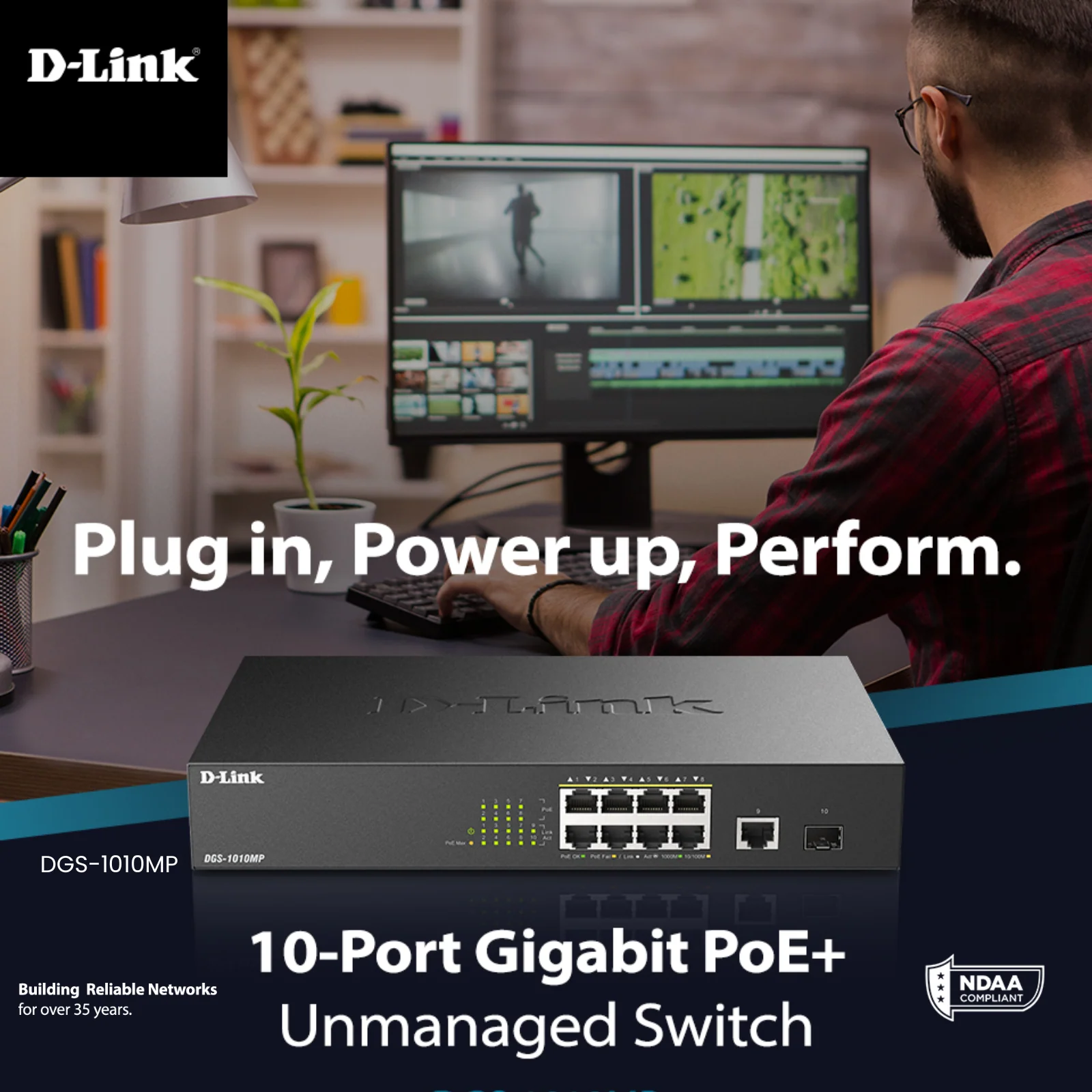 D-Link 10-Port Gigabit PoE+ Unmanaged/Plug and Play Switch | 8 PoE+ Ports (125W) + 1 GbE &amp; 1 SFP Port | Fanless | Desktop/Rackmount - (DGS-1010MP) - Image 6