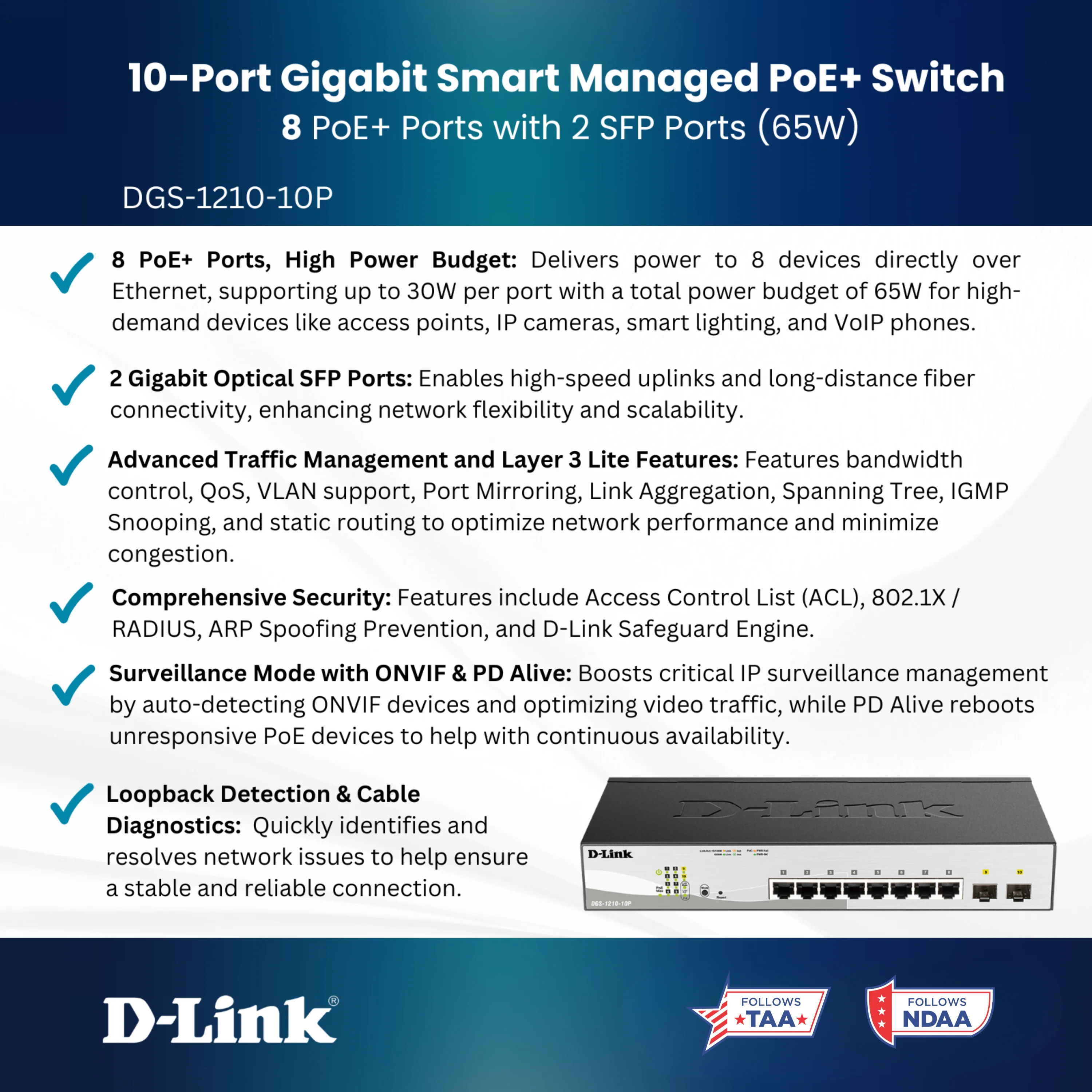 D-Link 10-Port Gigabit Smart Managed PoE+ Switch (DGS-1210-10P),  8 PoE+ Ports (65W) + 2 Optical SFP Ports,  L3 Lite, Follows NDAA/TAA - Image 3