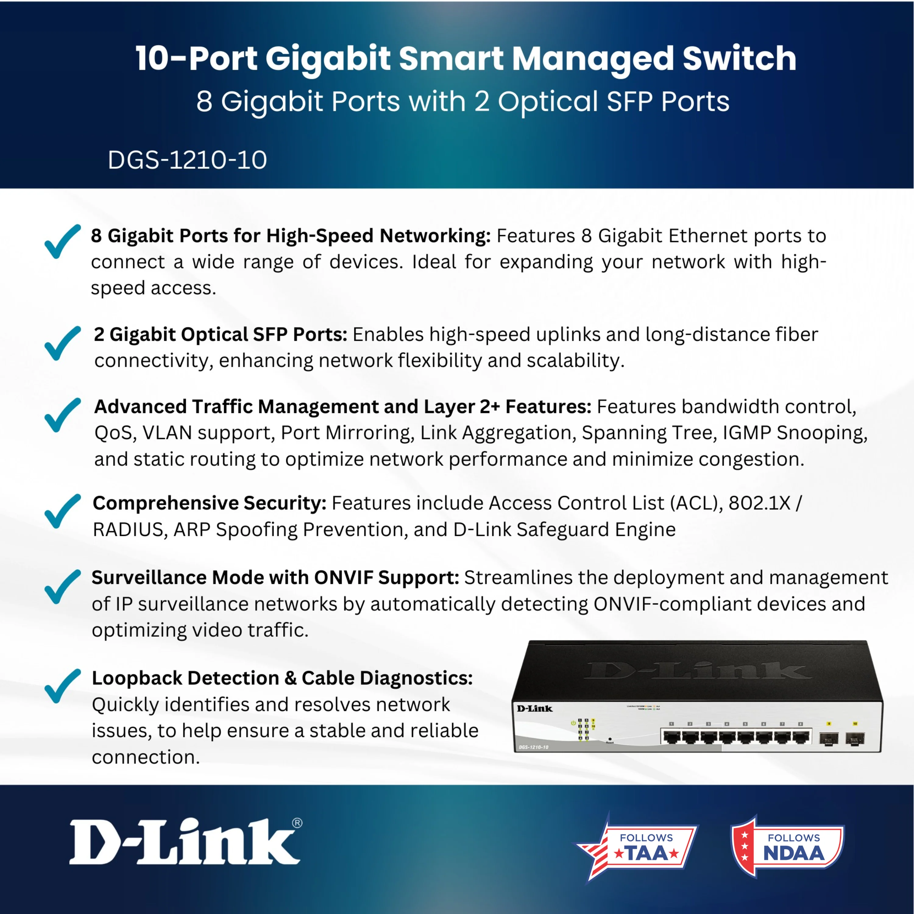 D-Link 10-Port Gigabit Smart Managed Switch (DGS-1210-10), 8 GbE + 2 Optical SFP Ports,  L3 Lite, Surveillance Mode, Follows NDAA/TAA - Image 3