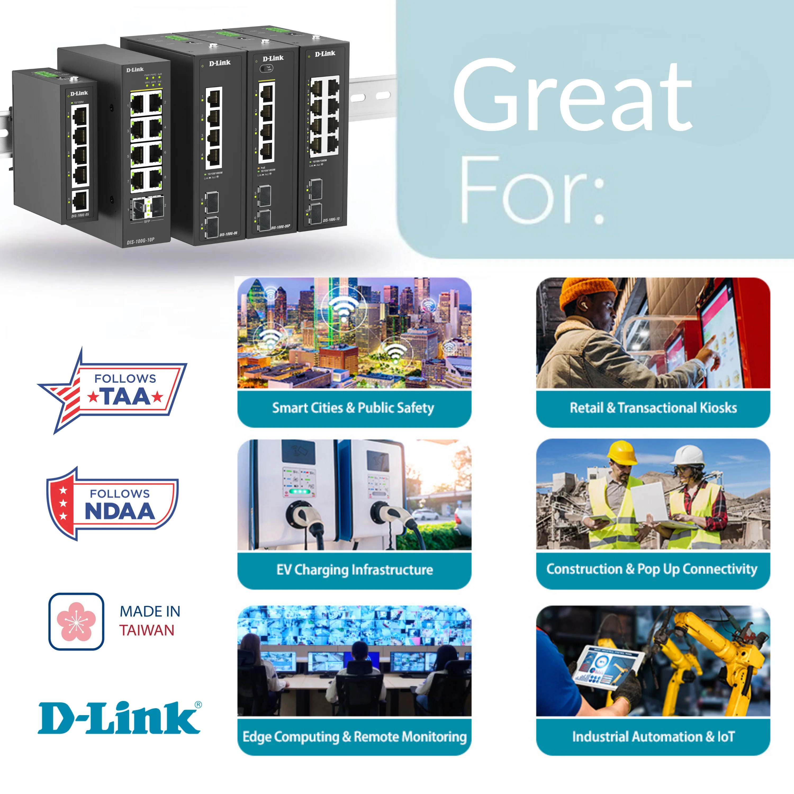 D-Link 12-Port Gigabit Smart Managed PoE+ Industrial Ethernet Switch with SFP (DIS-210G-12P), 8 PoE+ Ports + 4 × 1 GbE SFP Uplinks, 240 W PoE Budget, ERPS Ring Support, Dual Power Inputs, 6 kV Surge Protection, DIN-Rail, Follows NDAA/TAA - Image 3