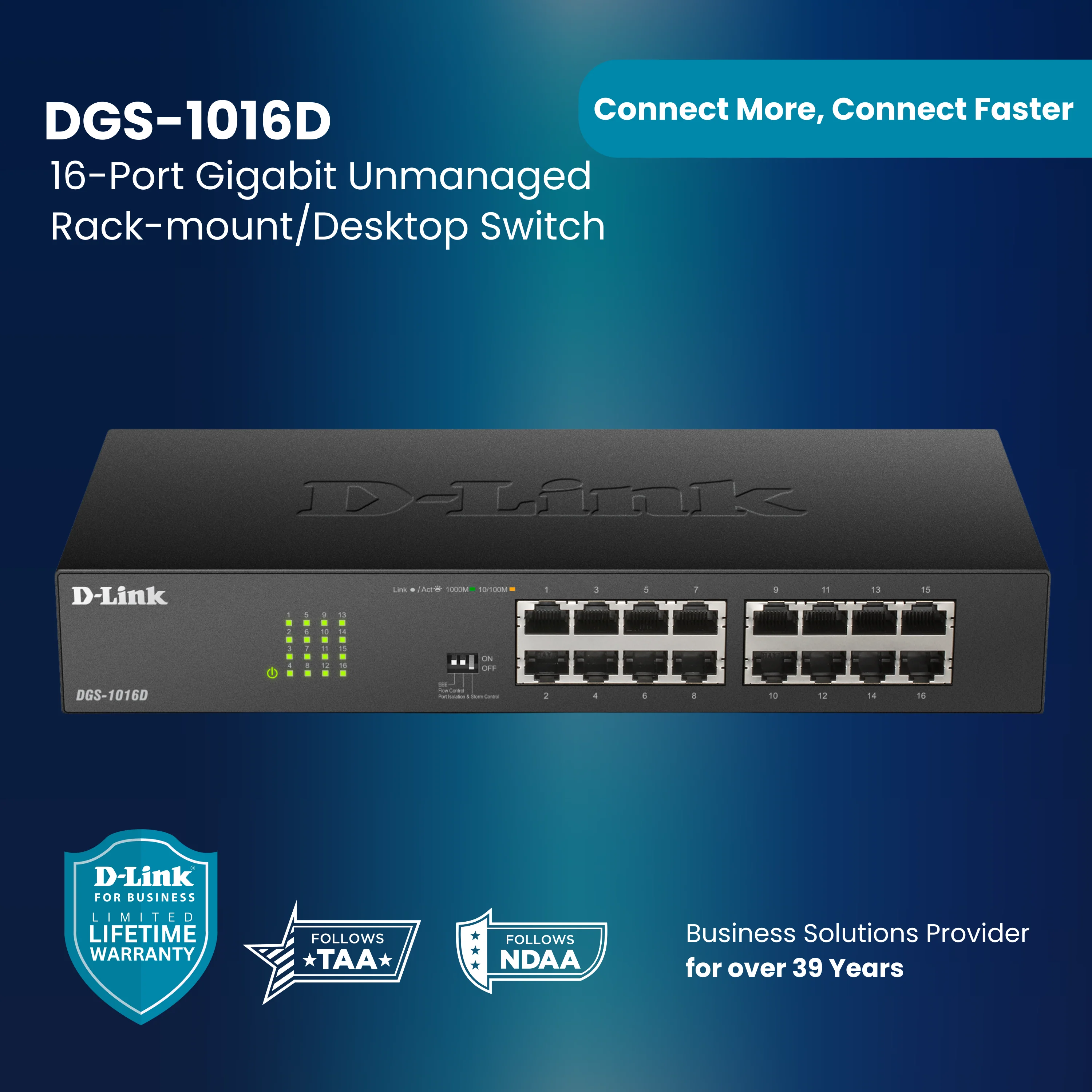 D-Link 16-Port Gigabit Unmanaged Ethernet Switch (DGS-1016D)| Fanless Metal, Desktop/Rackmount, QoS, Plug-and-Play, Front-Panel Controls, Follows NDAA/TAA - Image 11