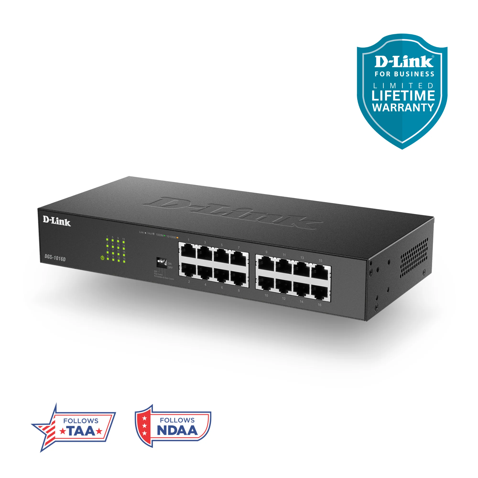 D-Link 16-Port Gigabit Unmanaged Ethernet Switch (DGS-1016D)| Fanless Metal, Desktop/Rackmount, QoS, Plug-and-Play, Front-Panel Controls, Follows NDAA/TAA - Image 5
