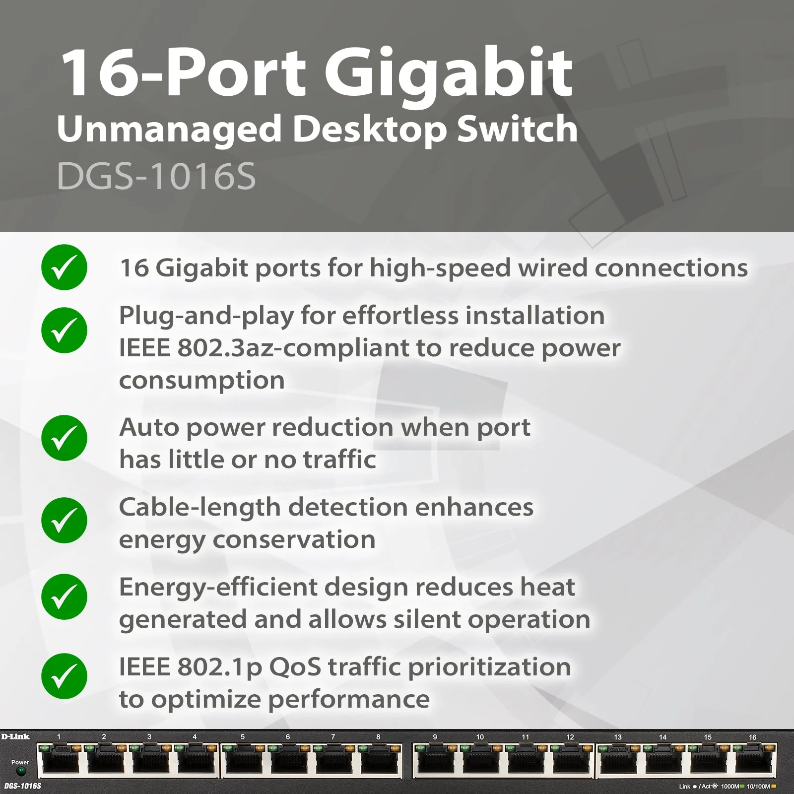 D-Link 16-Port Gigabit Unmanaged/Plug and Play Switch (DGS-1016S) | Fanless| Slim Metal Compact | Desktop - Image 3
