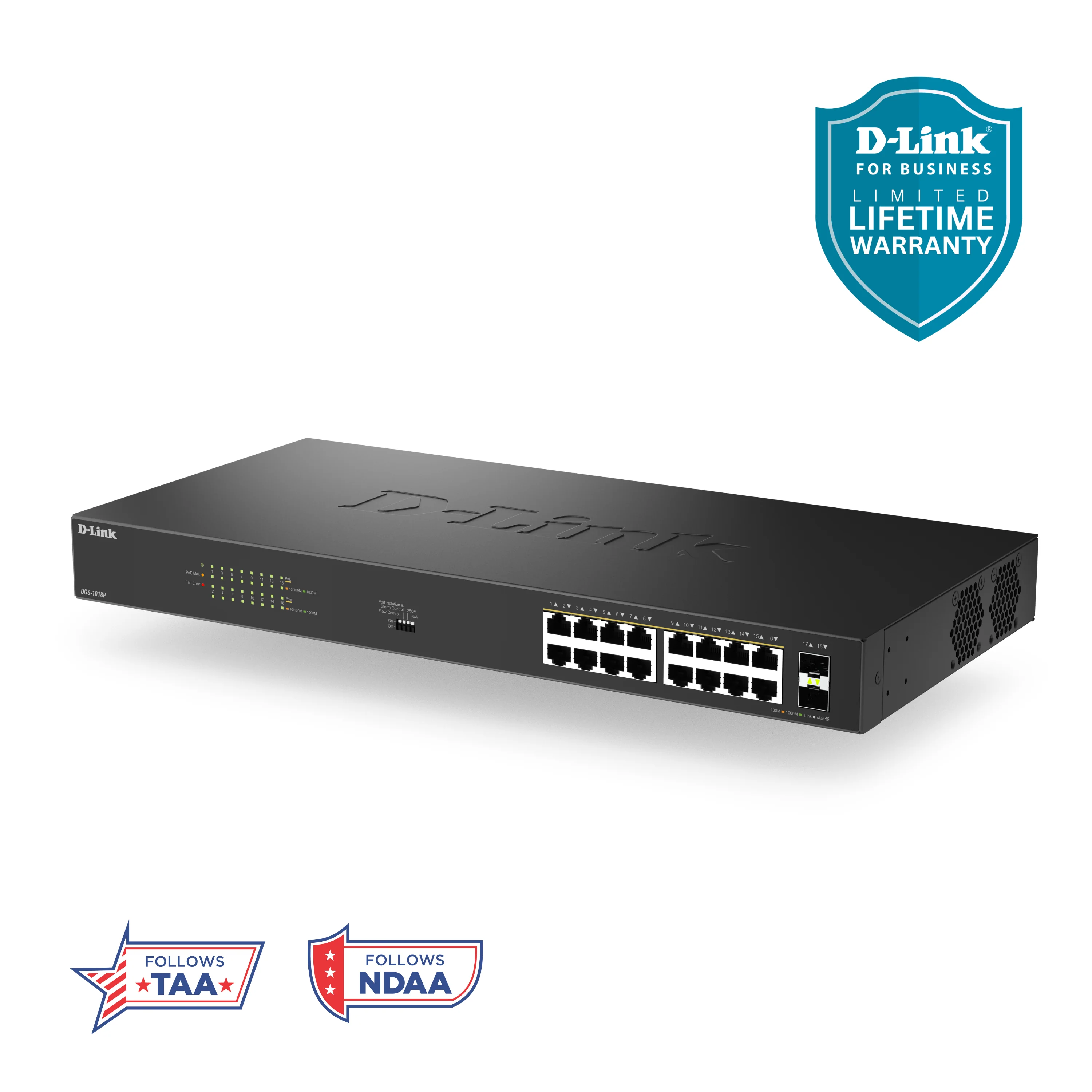 D-Link 16-Port Gigabit PoE+ Unmanaged Switch with 2 SFP Ports (DGS-1018P) – 240W Budget, 30W/Port, Plug-and-Play, Onboard Controls, QoS, Smart Fan, Follows NDAA/TAA - Image 18