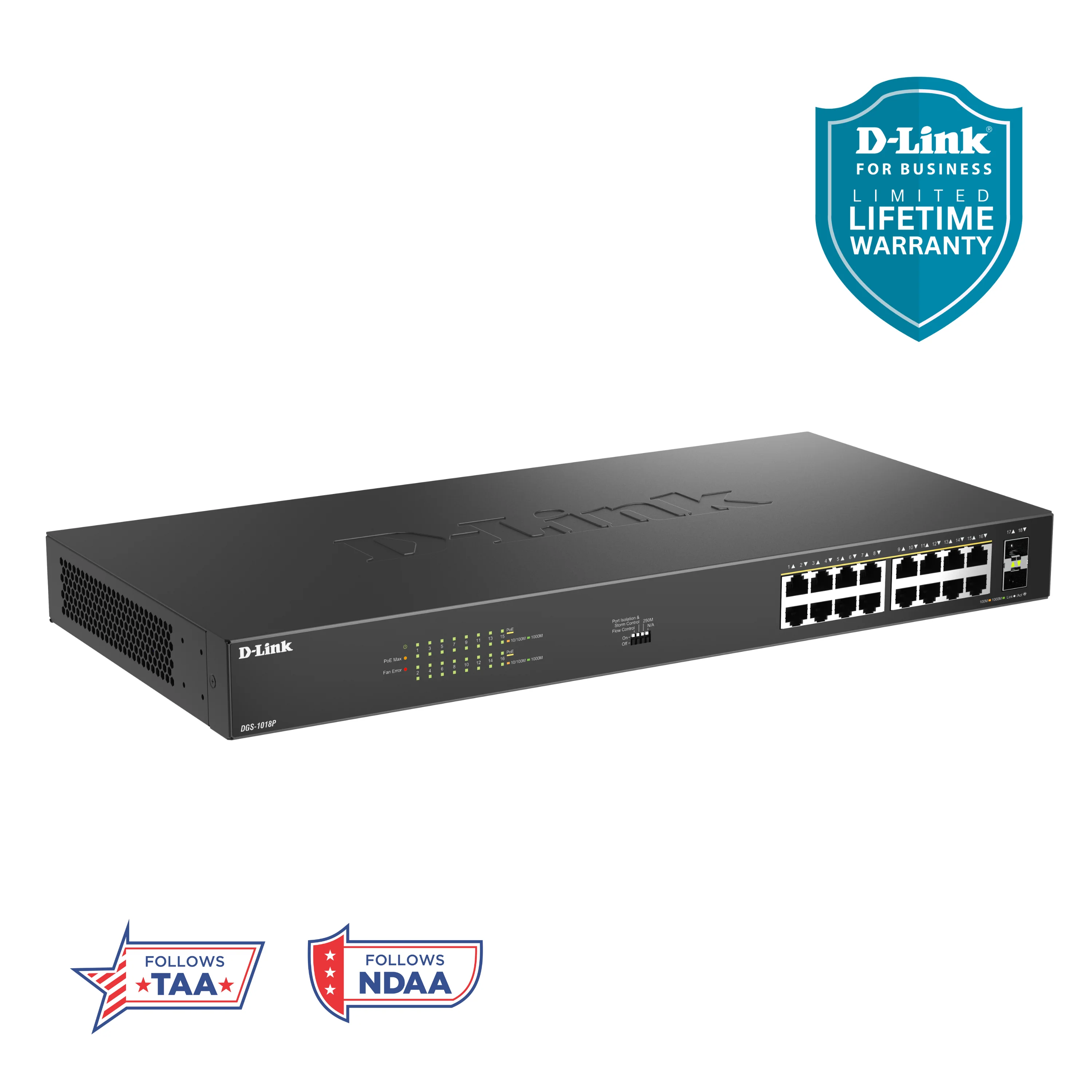 D-Link 16-Port Gigabit PoE+ Unmanaged Switch with 2 SFP Ports (DGS-1018P) – 240W Budget, 30W/Port, Plug-and-Play, Onboard Controls, QoS, Smart Fan, Follows NDAA/TAA - Image 19