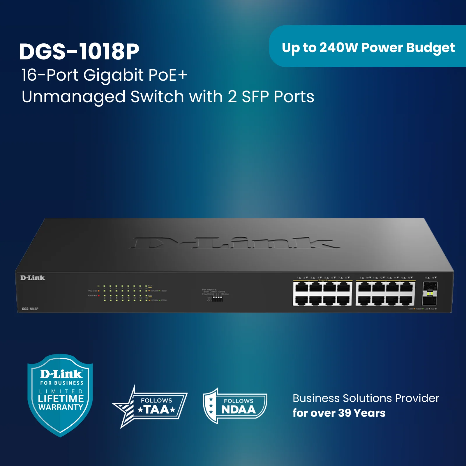 D-Link 16-Port Gigabit PoE+ Unmanaged Switch with 2 SFP Ports (DGS-1018P) – 240W Budget, 30W/Port, Plug-and-Play, Onboard Controls, QoS, Smart Fan, Follows NDAA/TAA - Image 20