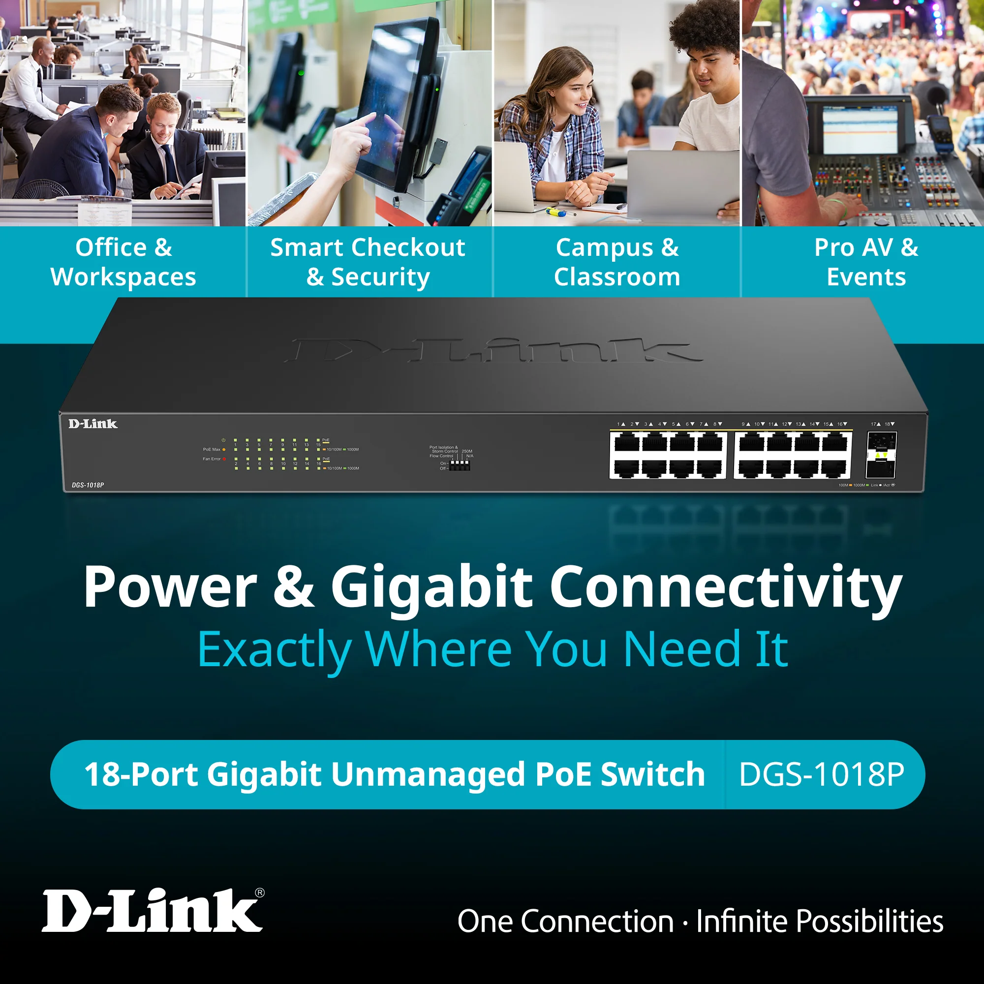 D-Link 16-Port Gigabit PoE+ Unmanaged Switch with 2 SFP Ports (DGS-1018P) – 240W Budget, 30W/Port, Plug-and-Play, Onboard Controls, QoS, Smart Fan, Follows NDAA/TAA - Image 3