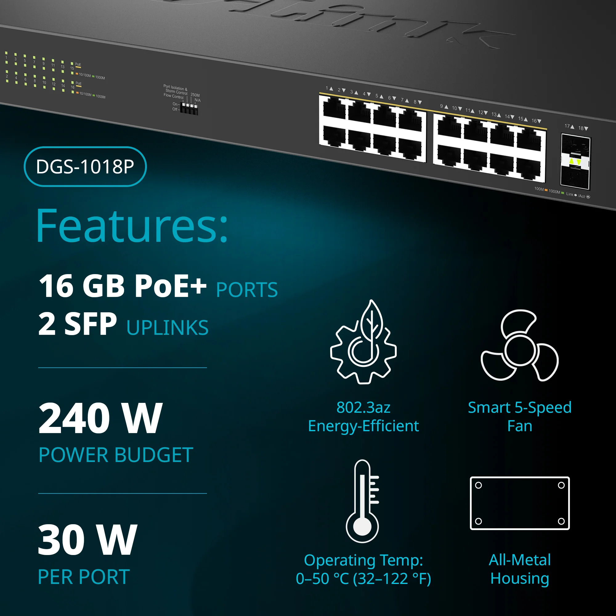 D-Link 16-Port Gigabit PoE+ Unmanaged Switch with 2 SFP Ports (DGS-1018P) – 240W Budget, 30W/Port, Plug-and-Play, Onboard Controls, QoS, Smart Fan, Follows NDAA/TAA - Image 4