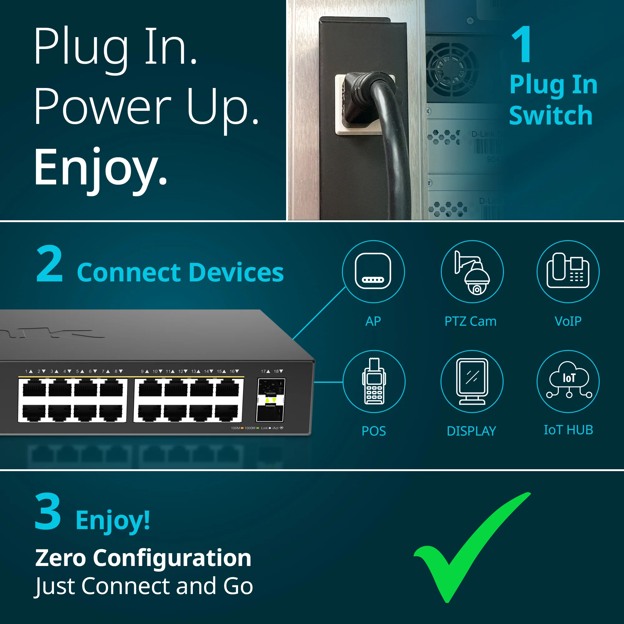 D-Link 16-Port Gigabit PoE+ Unmanaged Switch with 2 SFP Ports (DGS-1018P) – 240W Budget, 30W/Port, Plug-and-Play, Onboard Controls, QoS, Smart Fan, Follows NDAA/TAA - Image 6