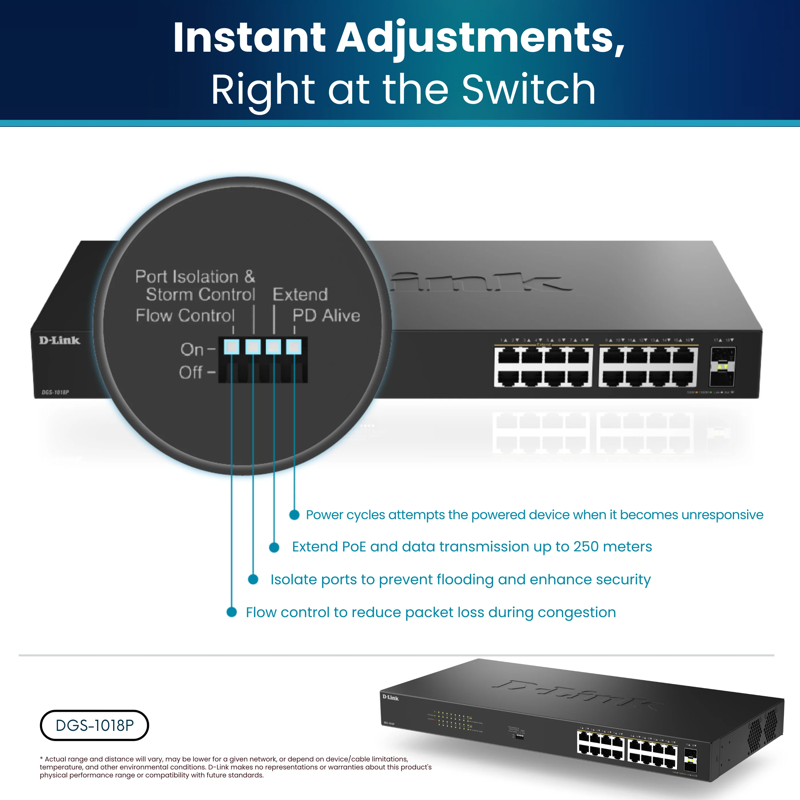 D-Link 16-Port Gigabit PoE+ Unmanaged Switch with 2 SFP Ports (DGS-1018P) – 240W Budget, 30W/Port, Plug-and-Play, Onboard Controls, QoS, Smart Fan, Follows NDAA/TAA - Image 9