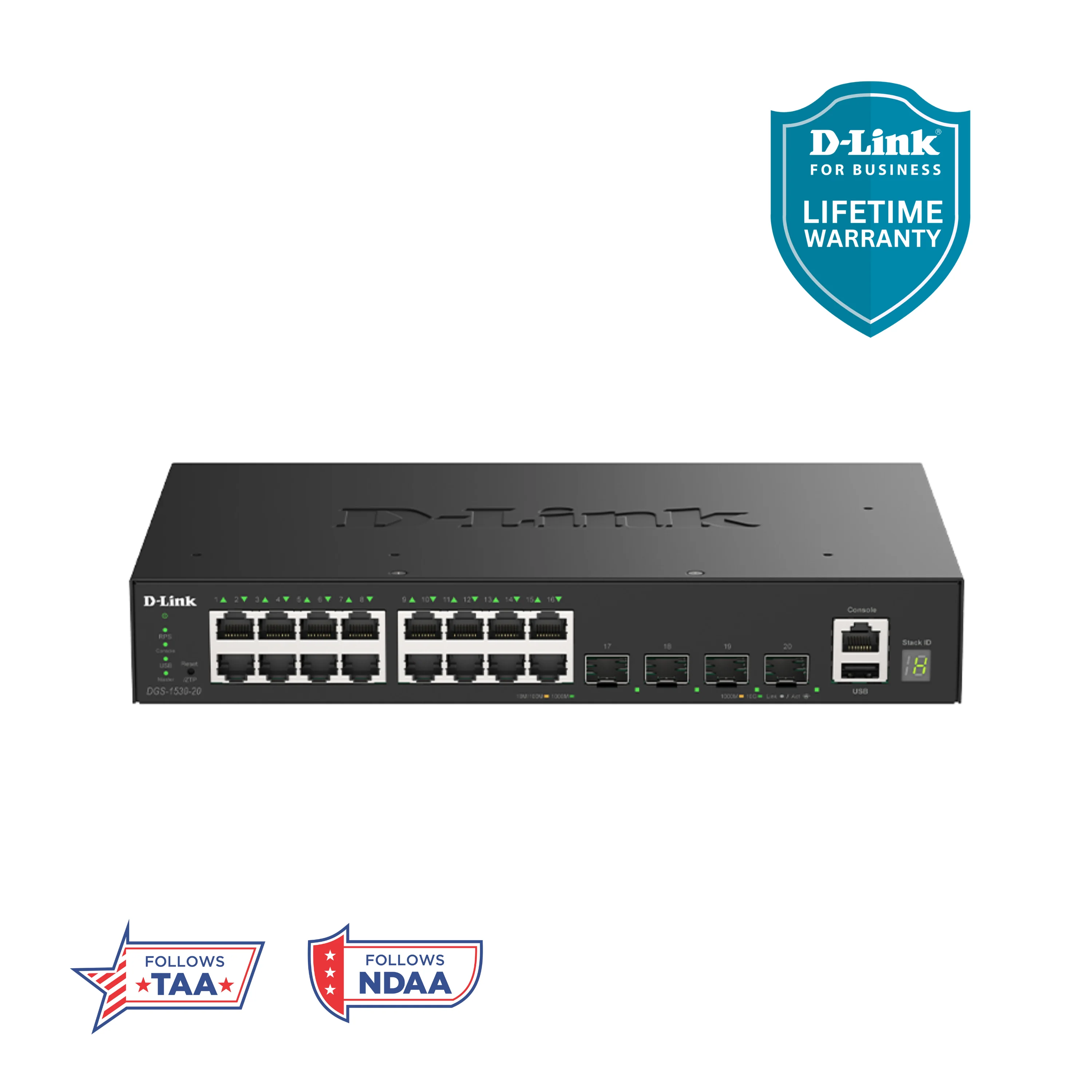 D-Link 20-Port Gigabit Stackable Managed Ethernet Switch 10GbE Uplinks (DGS-1530-20) | 16x 1GbE Ports + 4x 10GbE SFP+ Ports, L3 Lite, VLANs, Fanless, Desktop/Rackmount,  Follows NDAA/TAA