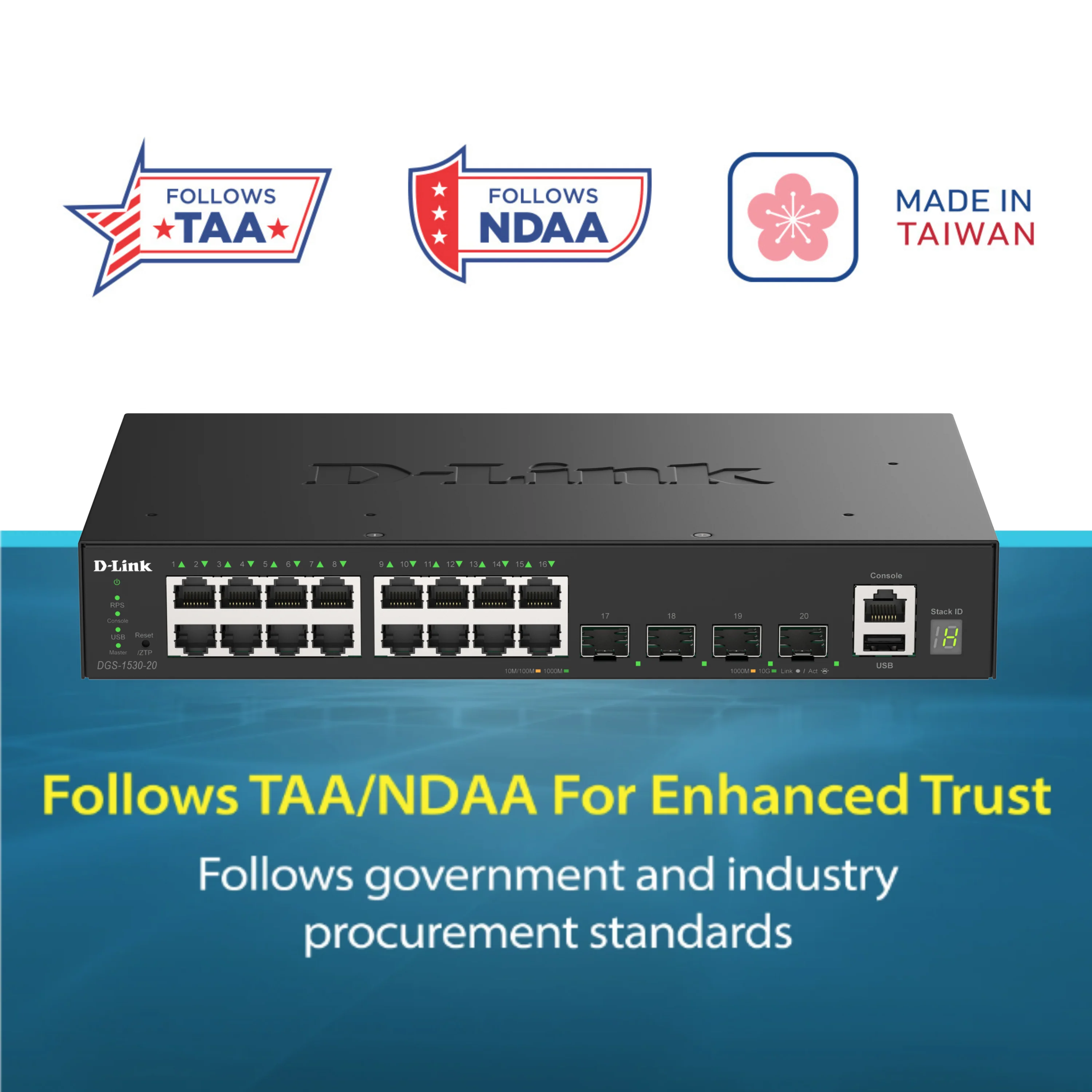 D-Link 20-Port Gigabit Stackable Managed Ethernet Switch 10GbE Uplinks (DGS-1530-20) | 16x 1GbE Ports + 4x 10GbE SFP+ Ports, L3 Lite, VLANs, Fanless, Desktop/Rackmount,  Follows NDAA/TAA - Image 2