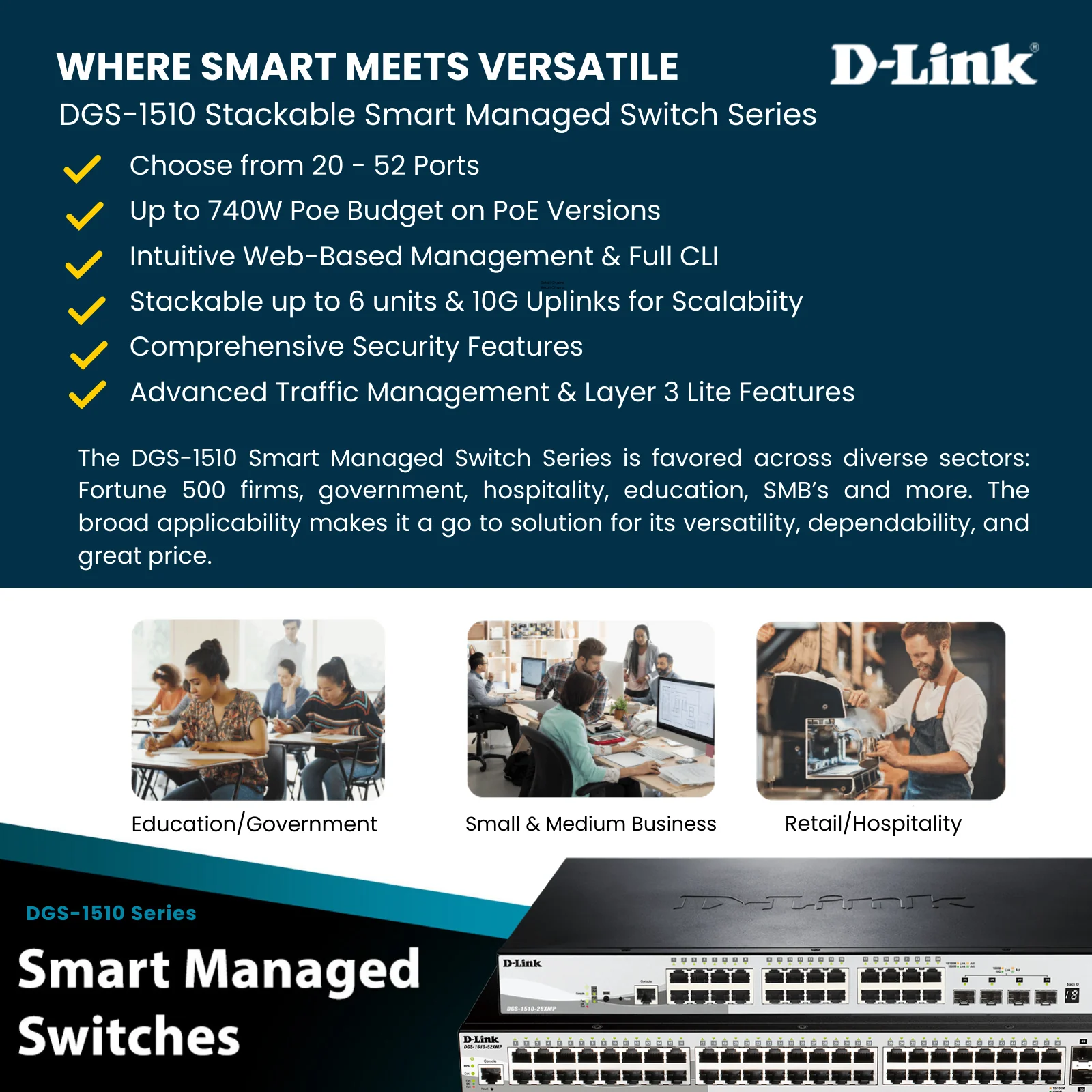 D-Link 20-Port Gigabit Stackable Smart Managed Switch 10G Uplinks | 16 Gigabit Ports + 2 10GbE SFP+ Ports + 2 SFP Ports| L3 Lite |VLANs (DGS-1510-20) - Image 3