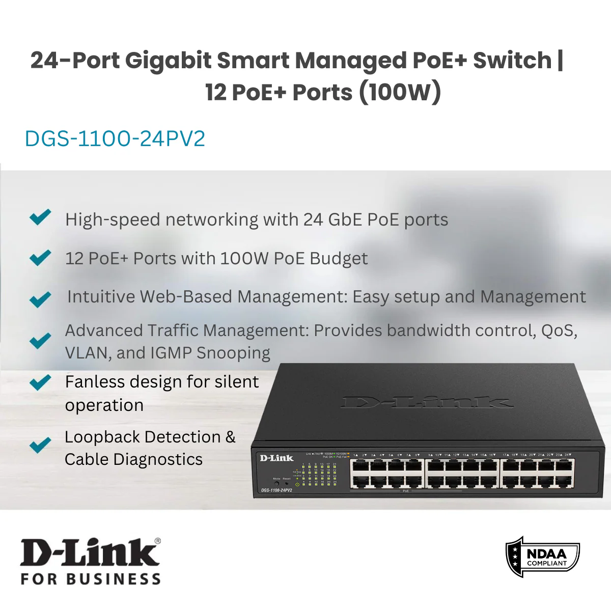 D-Link 24-Port Gigabit Smart Managed PoE+ Switch (DGS-1100-24PV2) | 12 PoE+ Ports (100W) | NDAA Compliant | Lifetime Warranty - Image 3