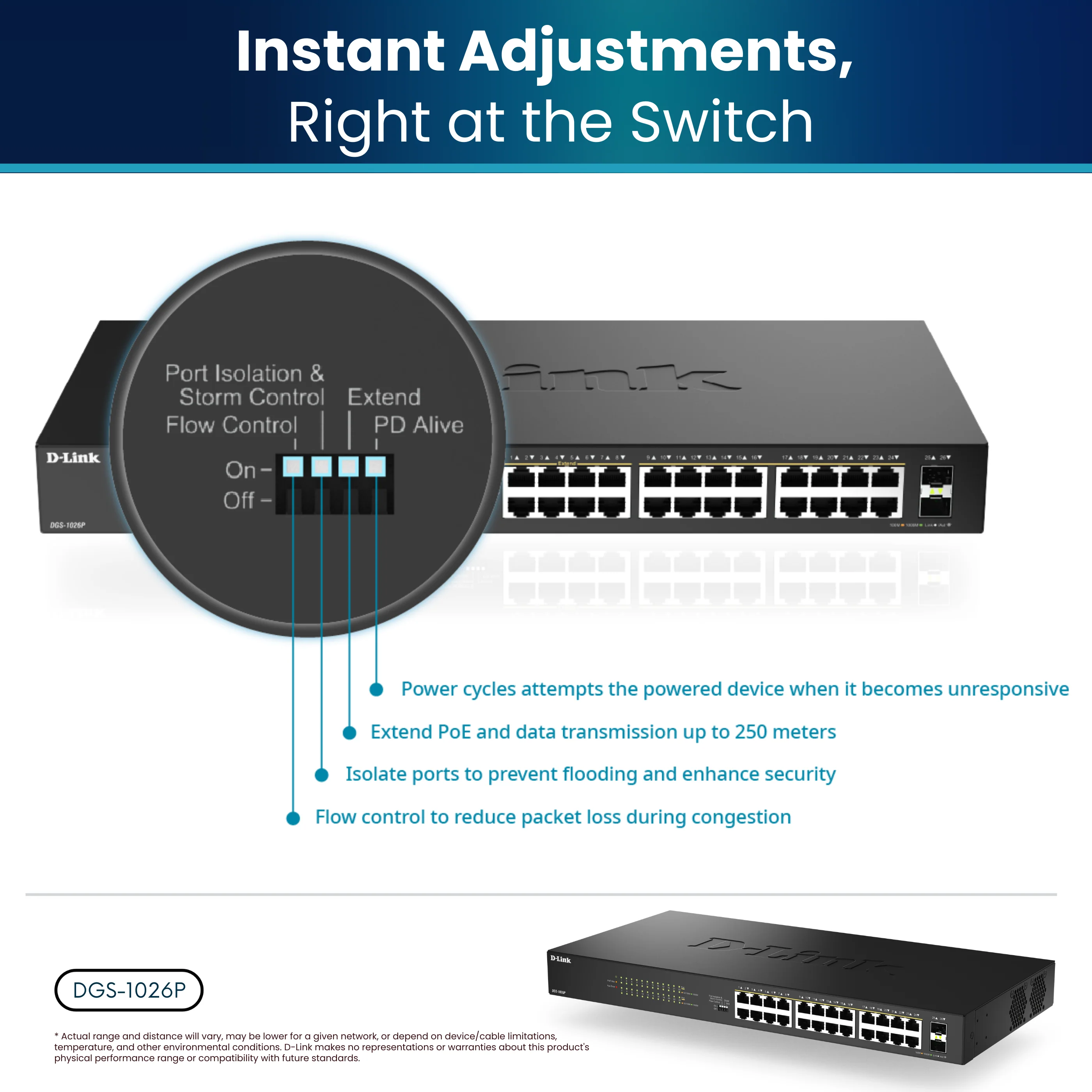 D-Link 24-Port Gigabit PoE+ Unmanaged Switch with 2 SFP Ports (DGS-1026P) – 240W Budget, 30W/Port, Plug-and-Play, Onboard Controls, QoS, Smart Fan, Follows NDAA/TAA - Image 10