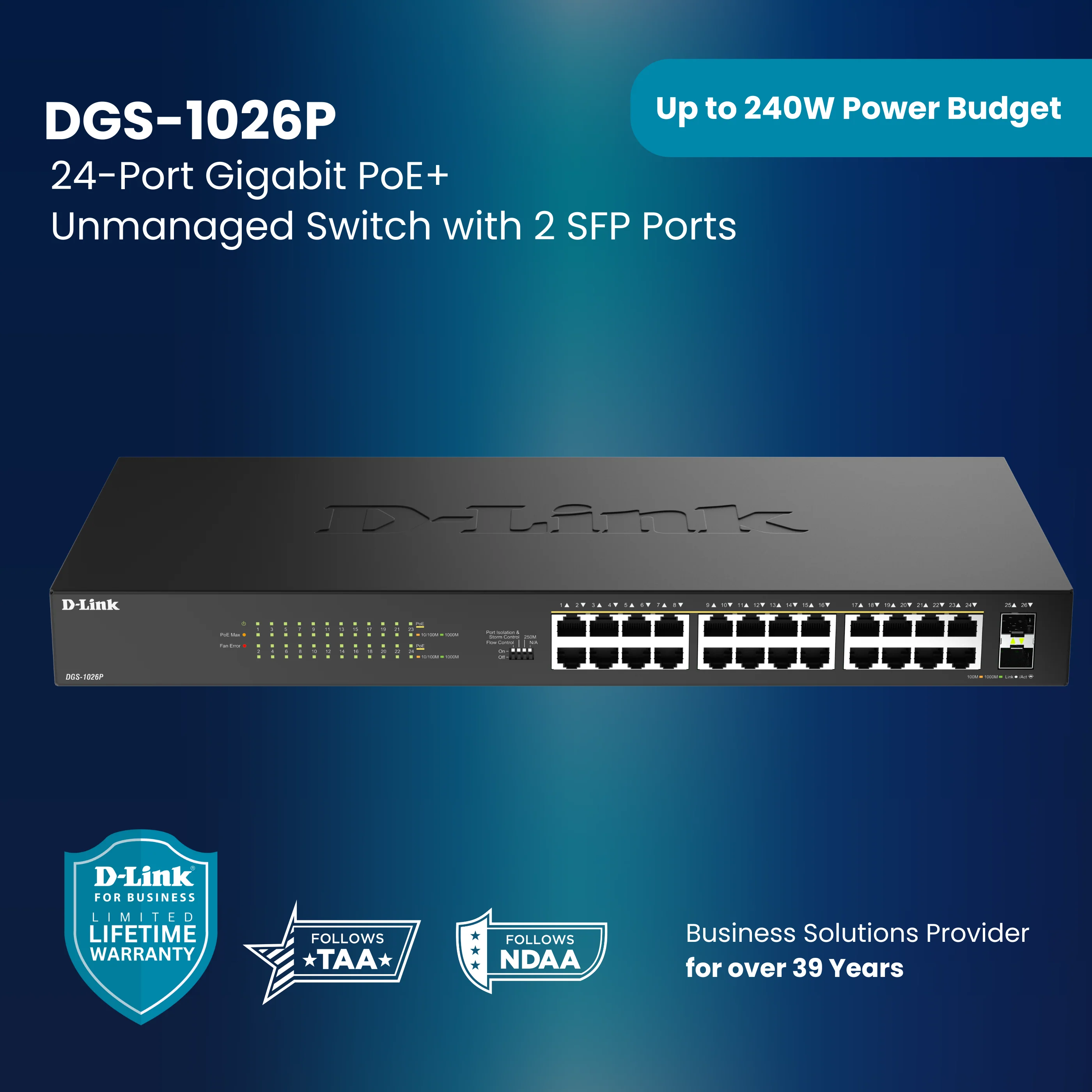 D-Link 24-Port Gigabit PoE+ Unmanaged Switch with 2 SFP Ports (DGS-1026P) – 240W Budget, 30W/Port, Plug-and-Play, Onboard Controls, QoS, Smart Fan, Follows NDAA/TAA - Image 15