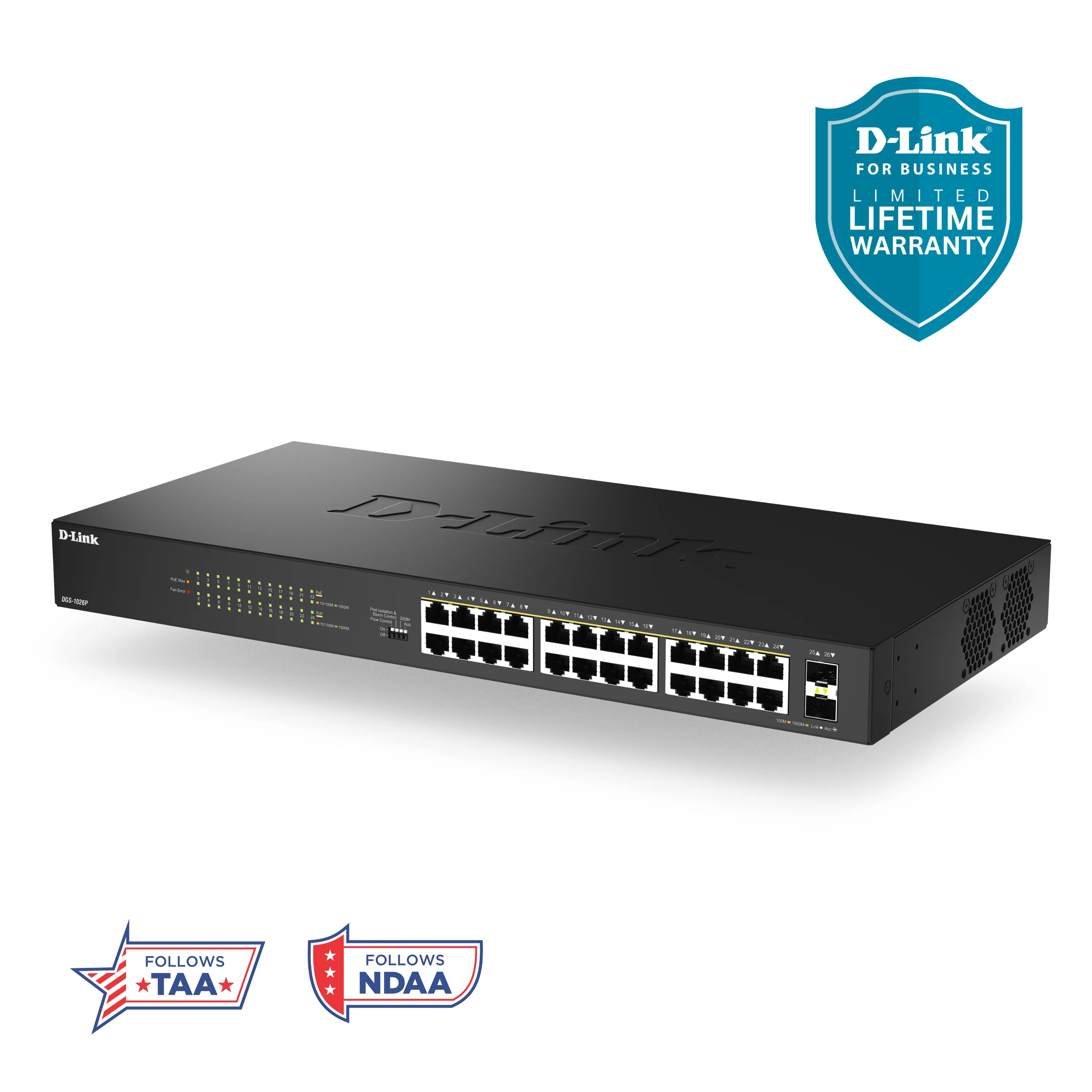 D-Link 24-Port Gigabit PoE+ Unmanaged Switch with 2 SFP Ports (DGS-1026P) – 240W Budget, 30W/Port, Plug-and-Play, Onboard Controls, QoS, Smart Fan, Follows NDAA/TAA - Image 18