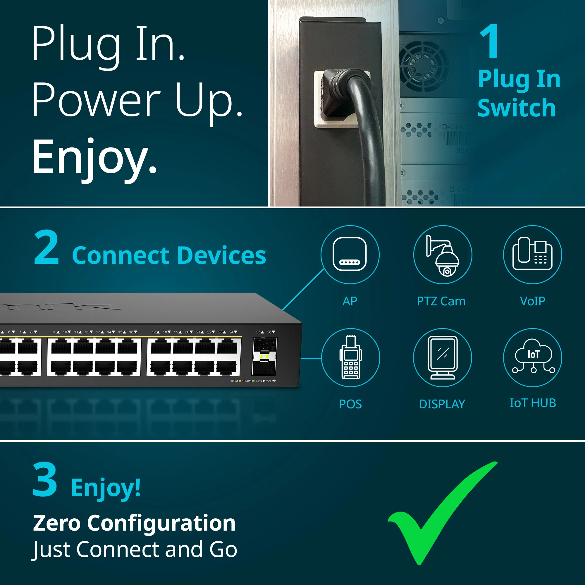 D-Link 24-Port Gigabit PoE+ Unmanaged Switch with 2 SFP Ports (DGS-1026P) – 240W Budget, 30W/Port, Plug-and-Play, Onboard Controls, QoS, Smart Fan, Follows NDAA/TAA - Image 3