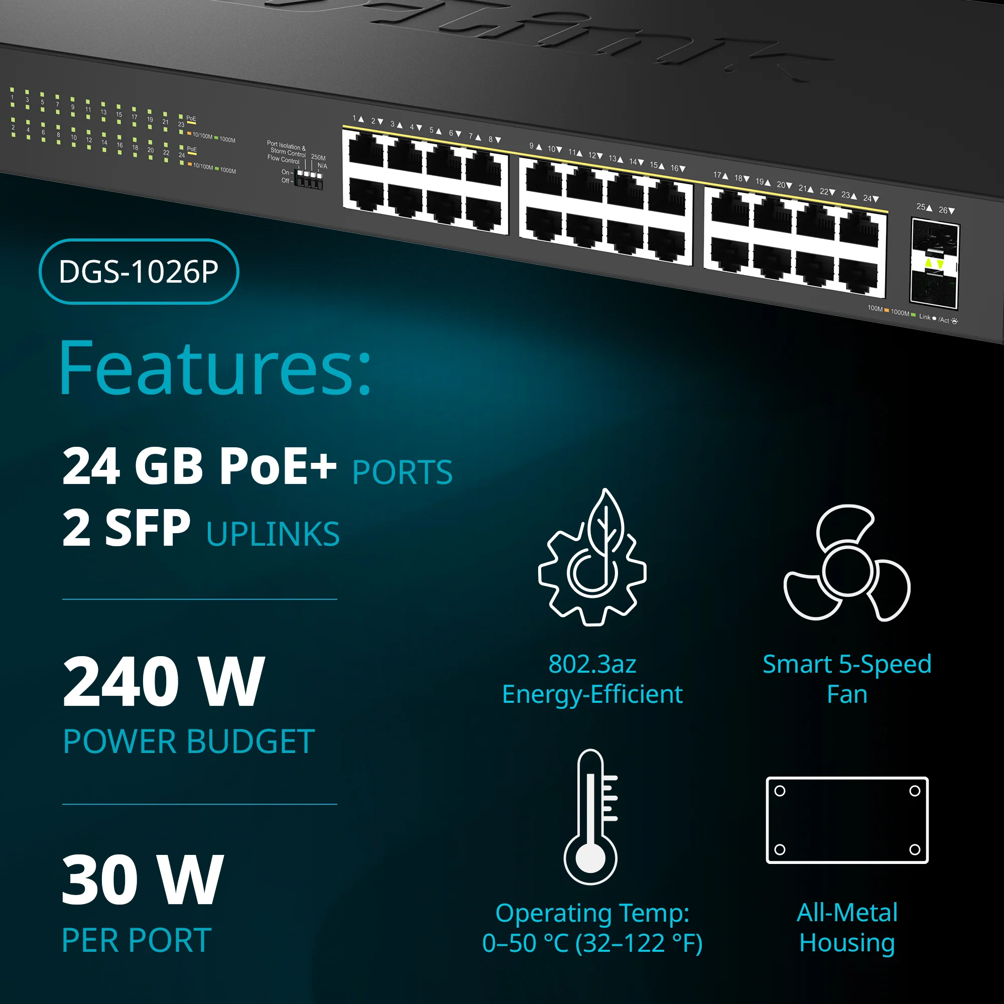 D-Link 24-Port Gigabit PoE+ Unmanaged Switch with 2 SFP Ports (DGS-1026P) – 240W Budget, 30W/Port, Plug-and-Play, Onboard Controls, QoS, Smart Fan, Follows NDAA/TAA - Image 4