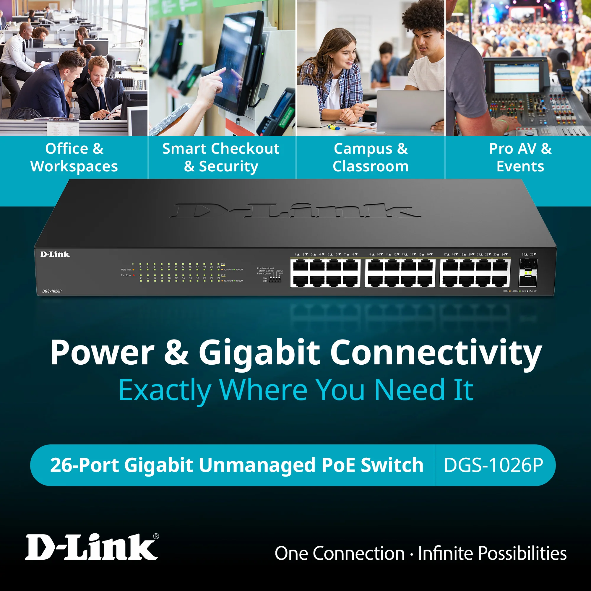 D-Link 24-Port Gigabit PoE+ Unmanaged Switch with 2 SFP Ports (DGS-1026P) – 240W Budget, 30W/Port, Plug-and-Play, Onboard Controls, QoS, Smart Fan, Follows NDAA/TAA - Image 5