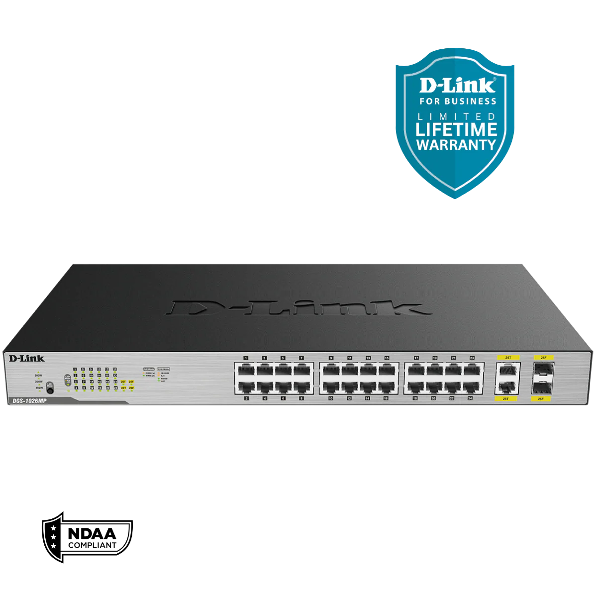 D-Link 26-Port PoE+ Gigabit Unmanaged Switch | 24 PoE + Ports (370W PoE Budget) with 2 Combo SFP Ports | Rack Mountable | NDAA Compliant  (DGS-1026MP)