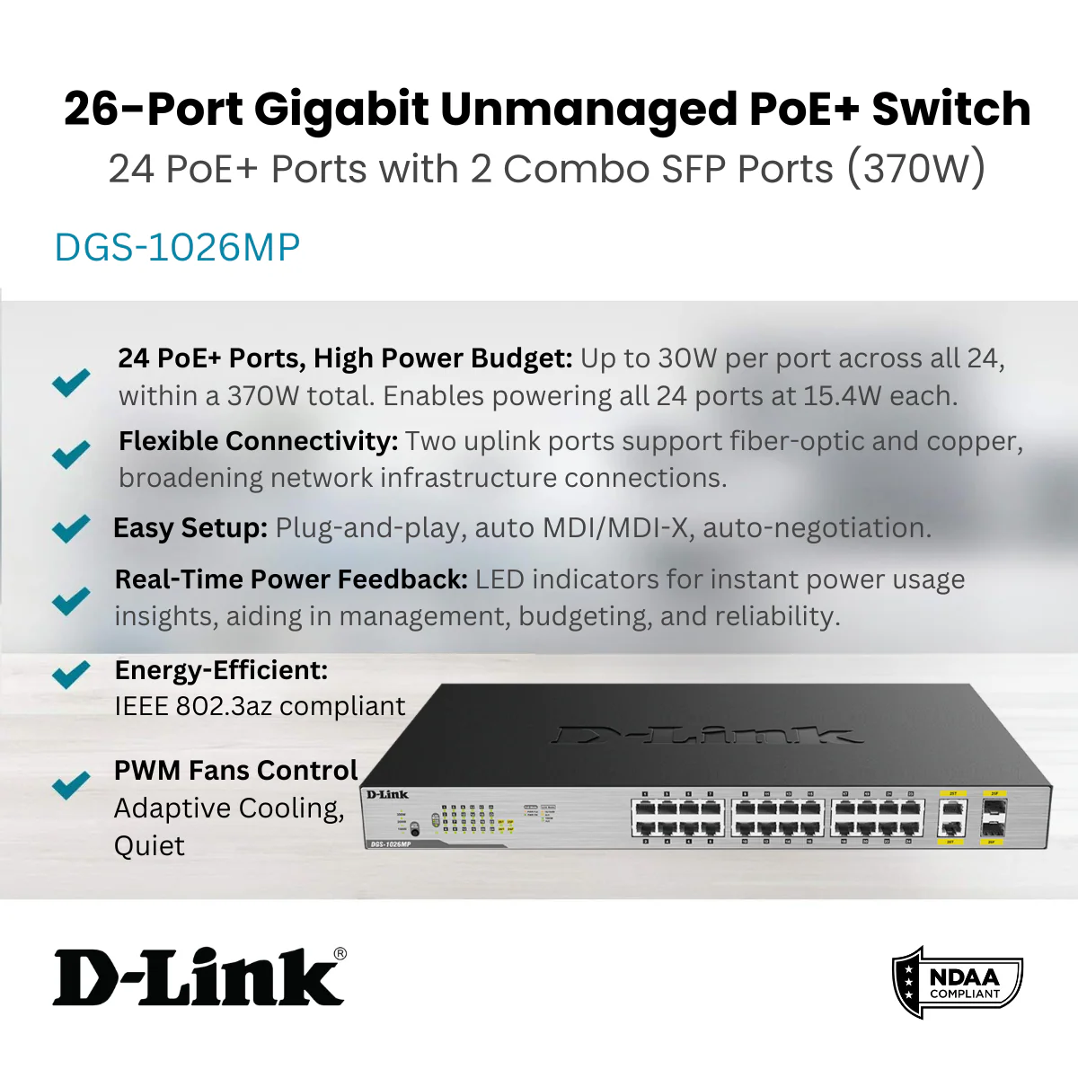 D-Link 26-Port PoE+ Gigabit Unmanaged Switch | 24 PoE + Ports (370W PoE Budget) with 2 Combo SFP Ports | Rack Mountable | NDAA Compliant  (DGS-1026MP) - Image 3