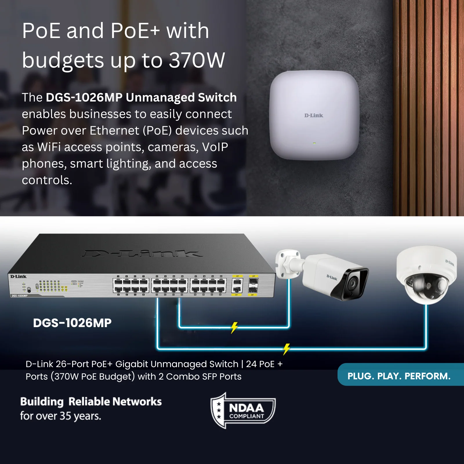 D-Link 26-Port PoE+ Gigabit Unmanaged Switch | 24 PoE + Ports (370W PoE Budget) with 2 Combo SFP Ports | Rack Mountable | NDAA Compliant  (DGS-1026MP) - Image 4