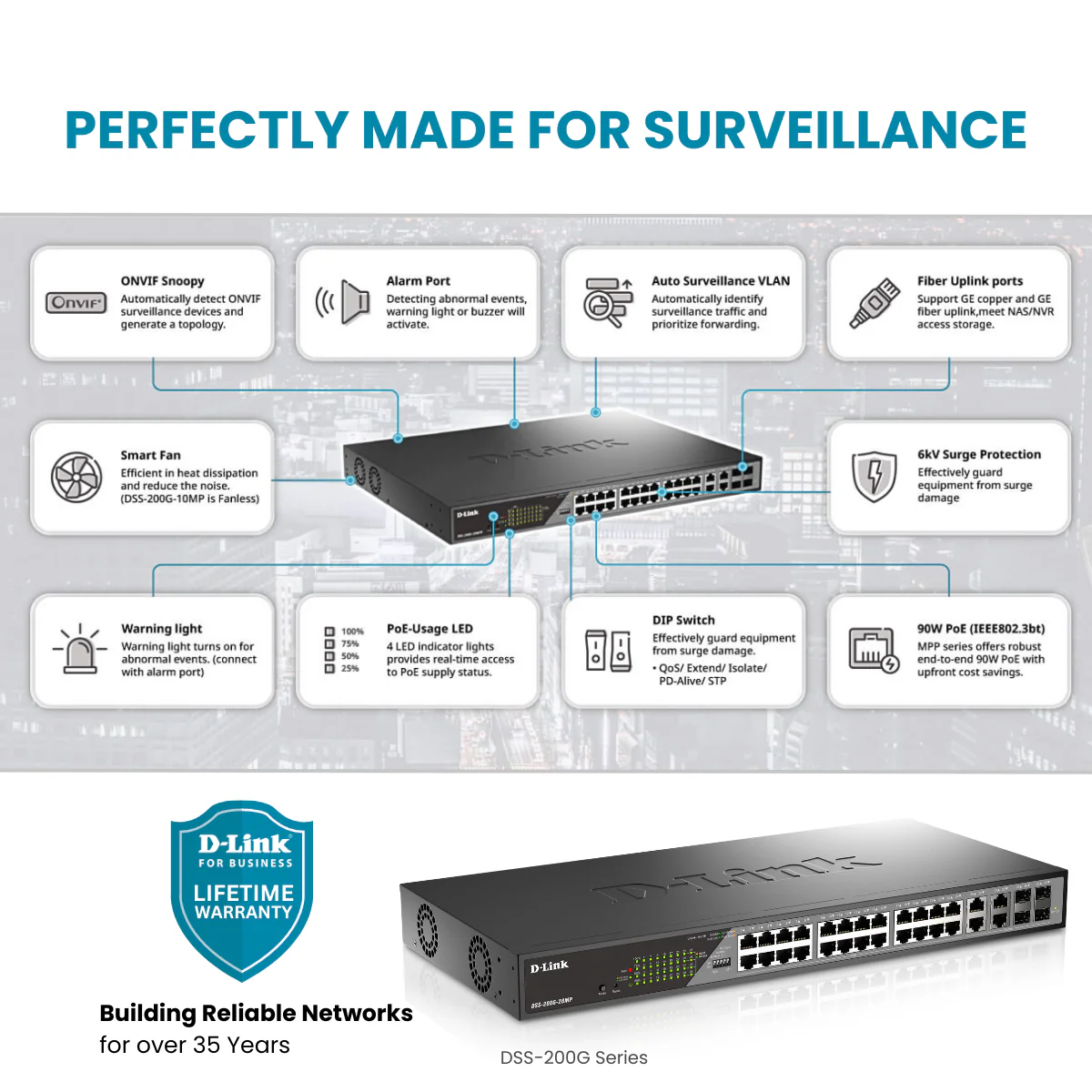 D-Link 28-Port Gigabit Poe+ Smart Managed Switch (370W PoE Budget) with 4 Combo SFP Ports - (DSS-200G-28MP) - Image 3