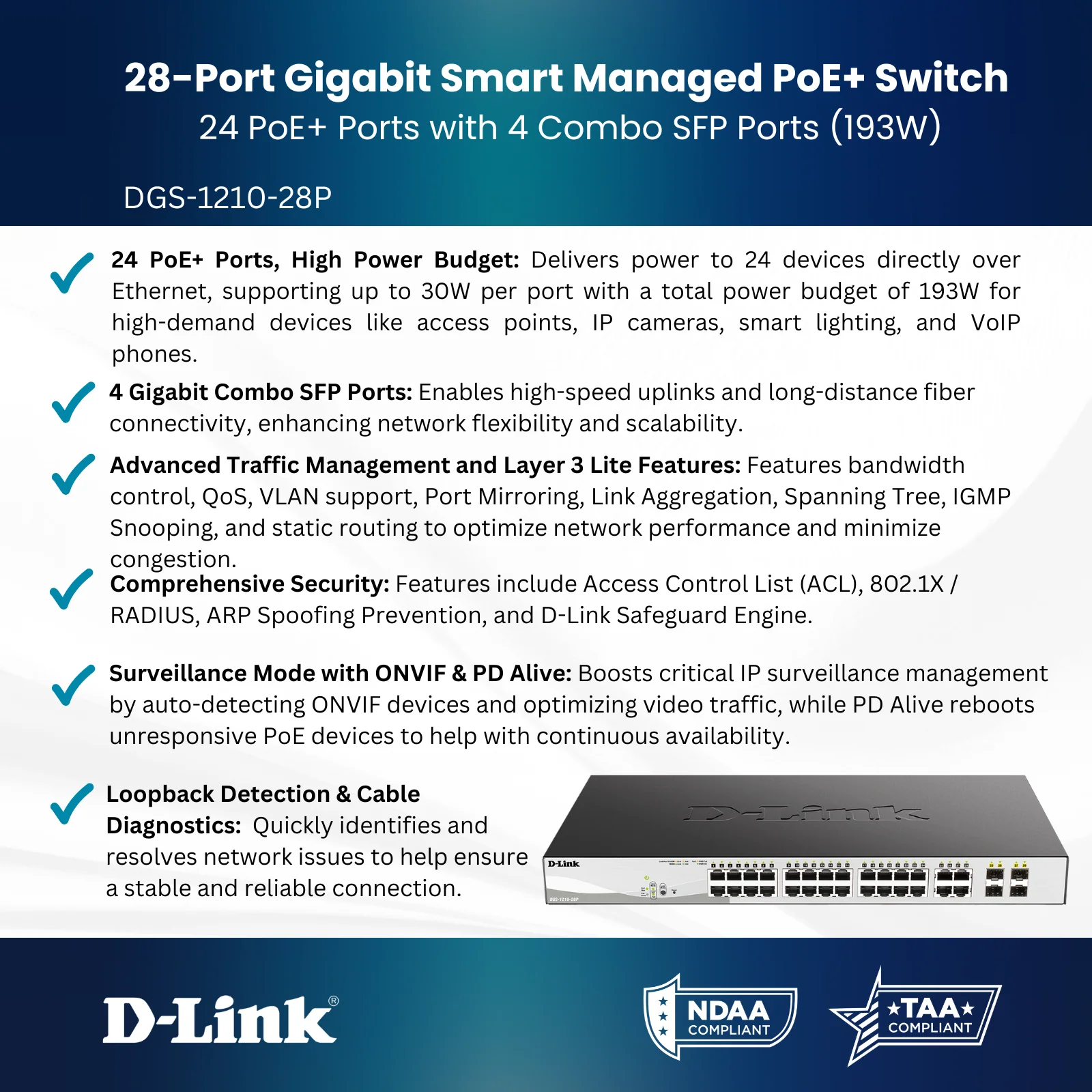 D-Link 28-Port Gigabit Smart Managed PoE+ Switch (DGS-1210-28P), 24 PoE+ Ports (193W) + 4 Combo SFP Ports, L3 Lite, Follows NDAA/TAA - Image 4