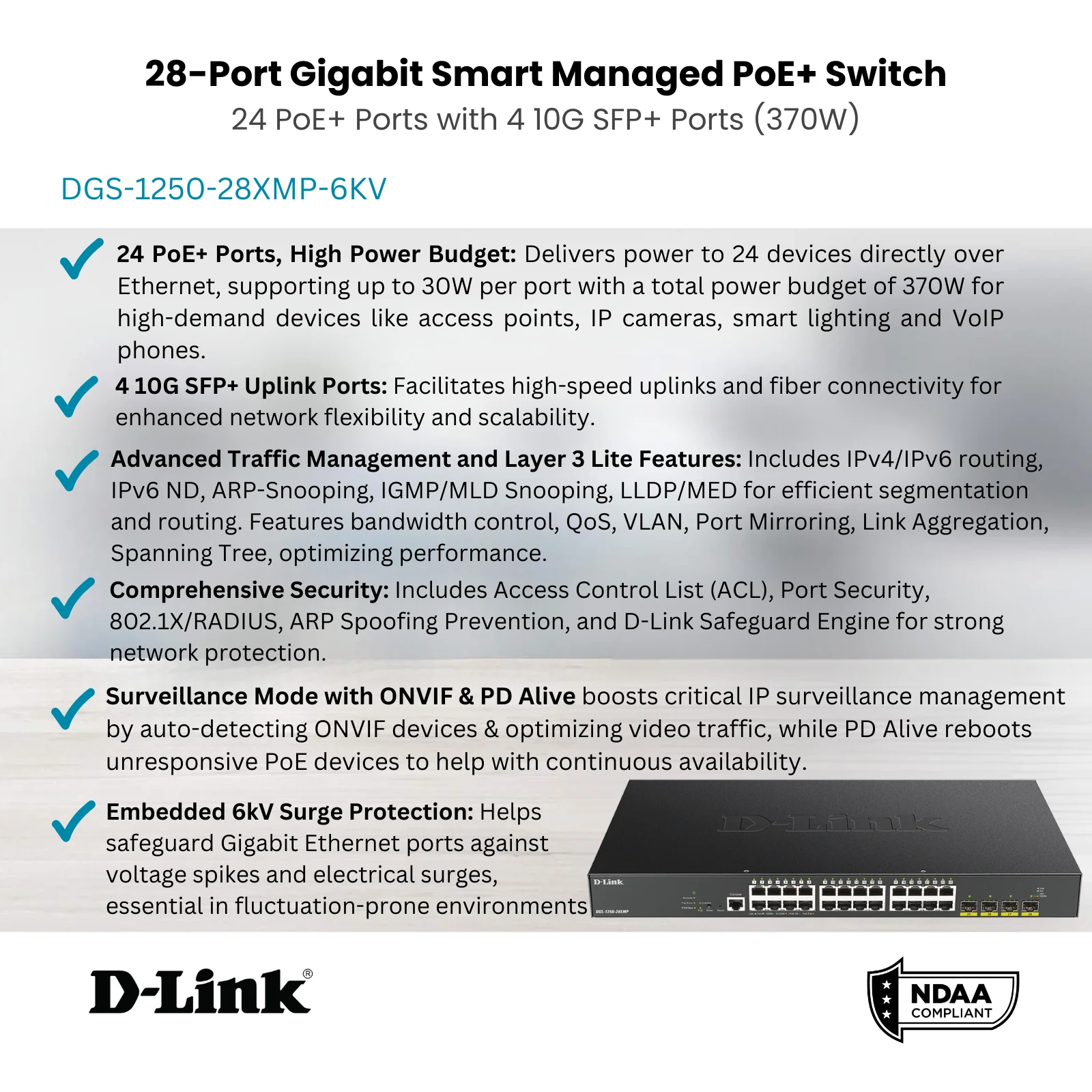 D-Link 28-Port Gigabit Smart Managed PoE+ Switch |24 PoE+ Ports (370W)+ 4 10G SFP+ Ports | L3 Lite|NDAA Compliant (DGS-1250-28XMP-6KV) - Image 3