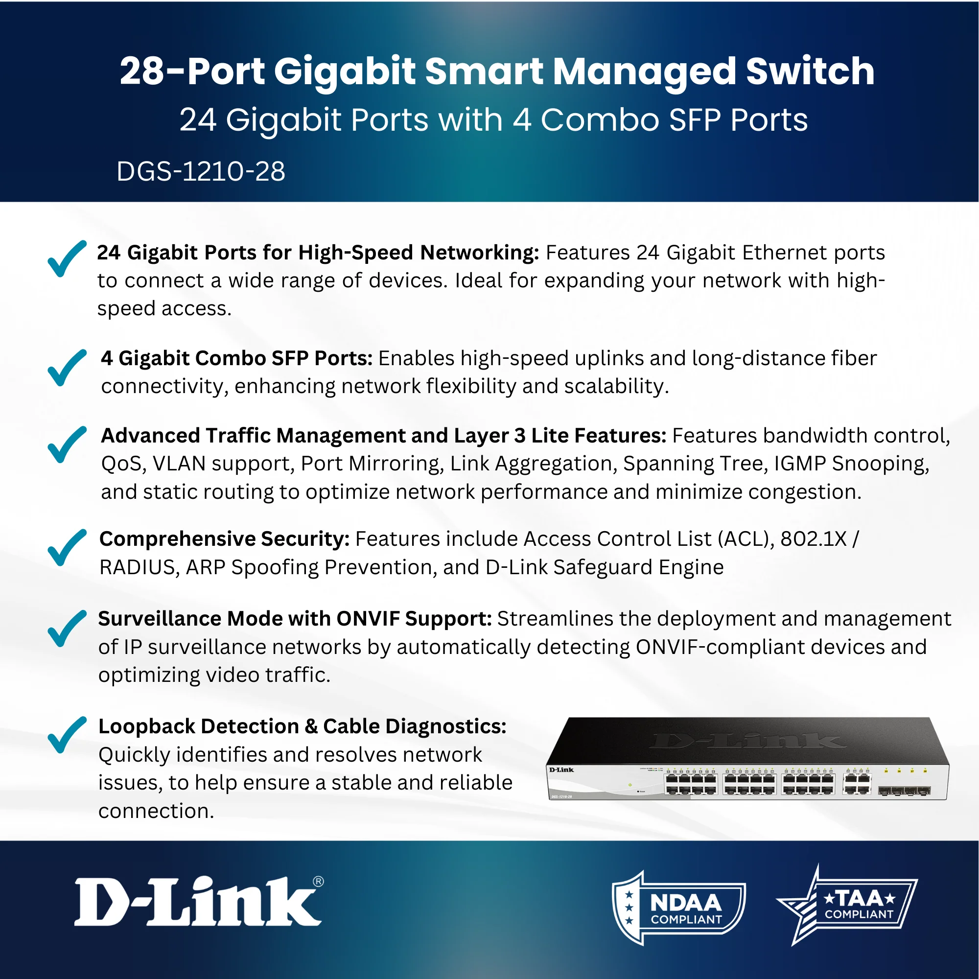 D-Link 28-Port Gigabit Smart Managed Switch (DGS-1210-28), 24 GbE + 4 Combo SFP Ports, L3 Lite, Surveillance Mode, Follows NDAA/TAA - Image 3
