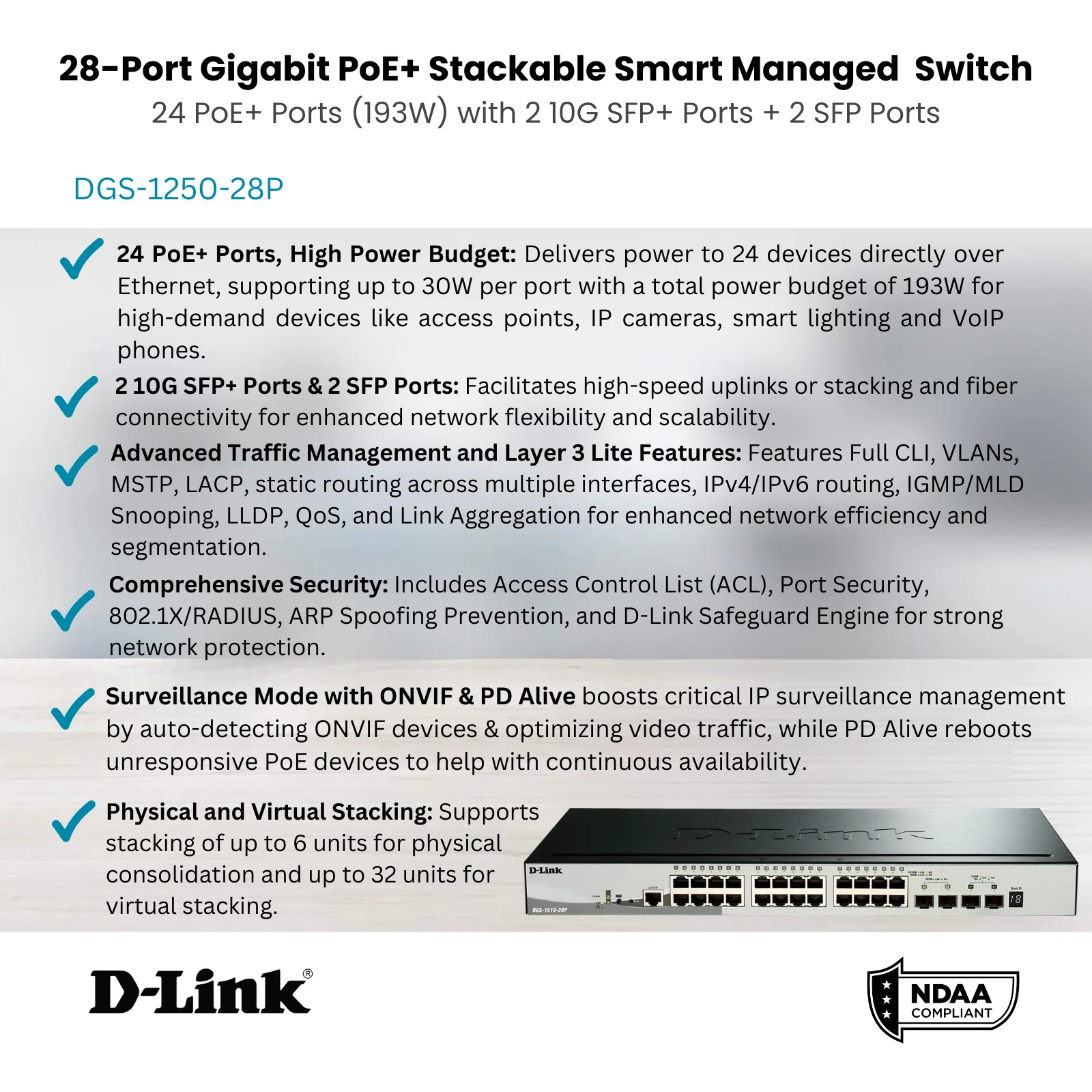 D-Link 28-Port Gigabit Stackable Managed PoE+ Switch 10G Uplinks| 24 PoE+ Ports (193W) + 2 10GbE SFP+ Ports + 2 SFP Ports| L3 Lite (DGS-1510-28P) - Image 3