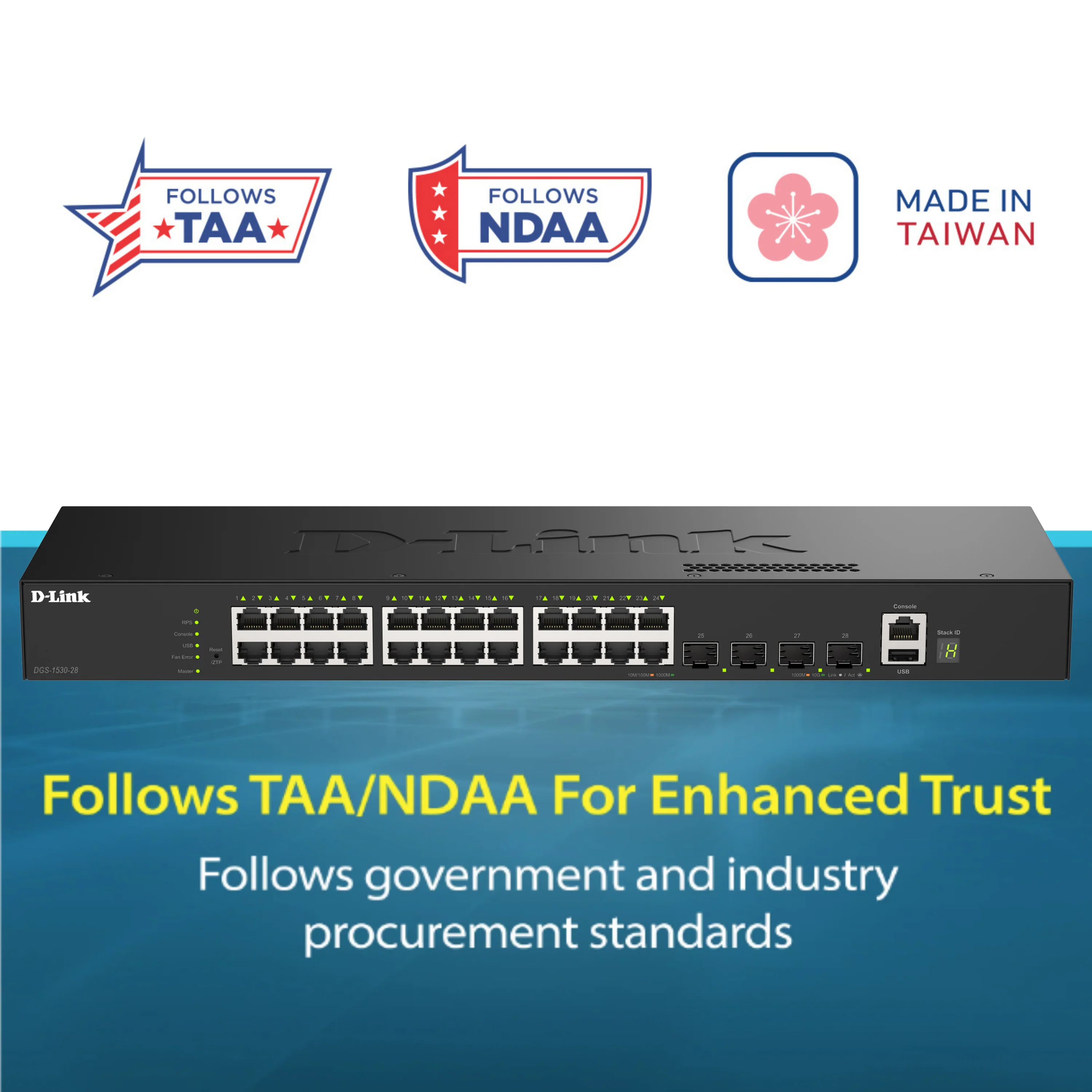 D-Link 28-Port Gigabit Stackable Managed Ethernet Switch with 10GbE Uplinks (DGS-1530-28) |  24 x 1GbE Ports + 4x 10GbE SFP+ Ports, L3 Lite, VLANs, Fanless Desktop/Rackmount, Follows NDAA/TAA - Image 2