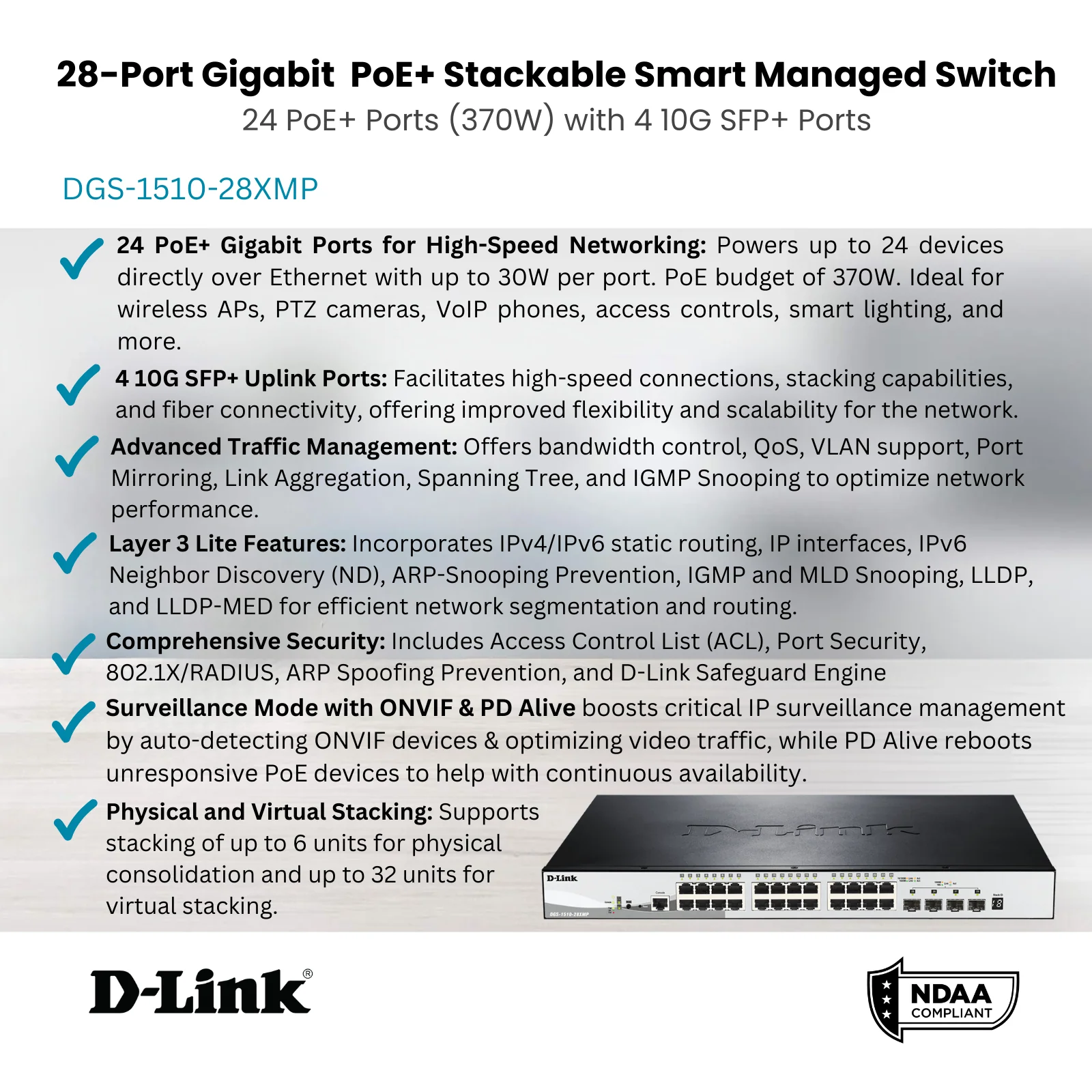 D-Link 28-Port Gigabit Stackable Smart Managed PoE+ Switch with 10G Uplinks| 24 PoE+ Ports (370W) + 4 10GbE SFP+ Ports|L3 Lite |VLANs (DGS-1510-28XMP) - Image 3