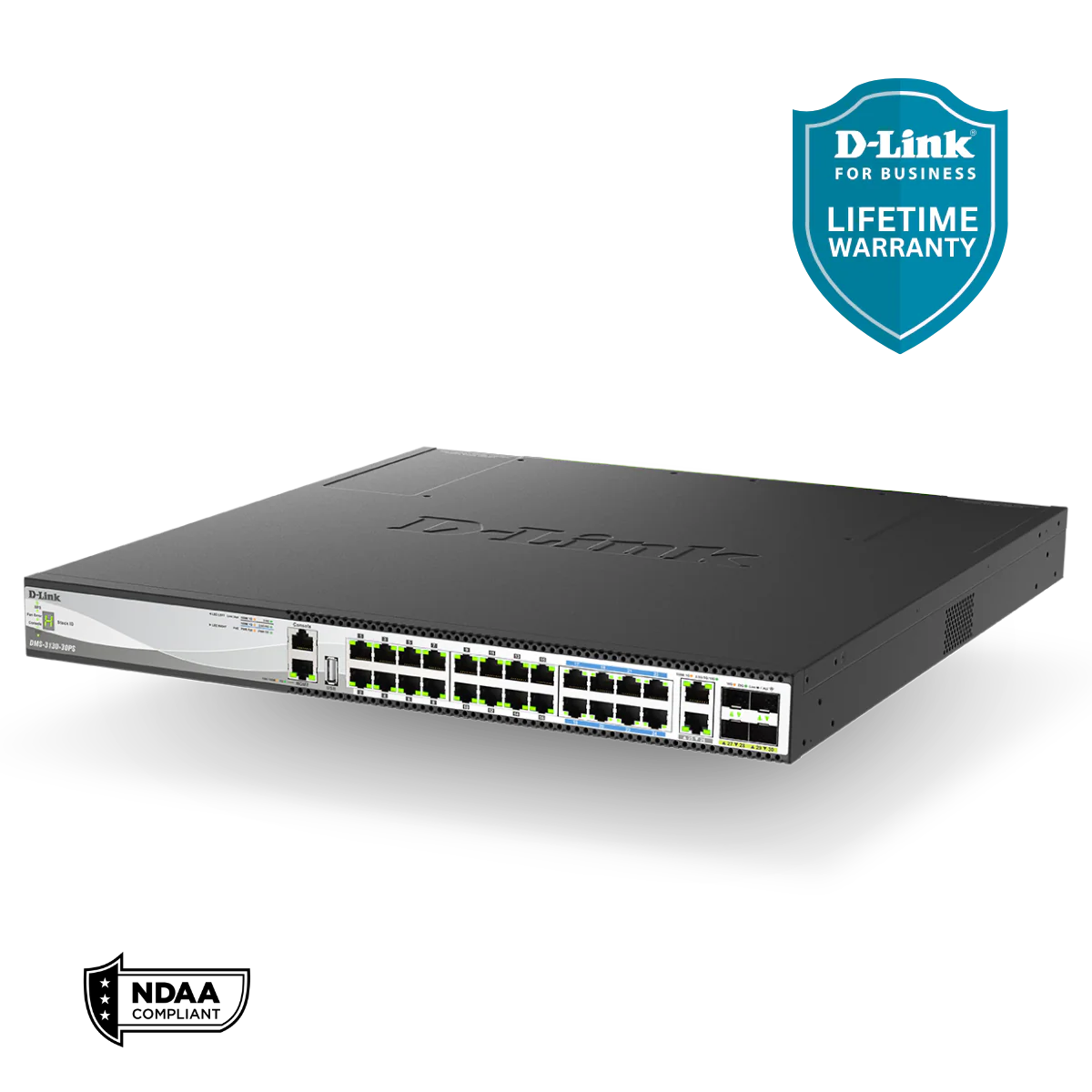 D-Link 30-Port Managed Multi-Gigabit PoE++ Stackable Switch with 25GbE Uplinks | 16 1G/2.5G Ports + 8 1/2.5/5/10G Ports + 4 10/25G SFP28 Uplinks | PoE++ (740W/960W) | L3 | Stacking | Optional D-View| NDAA Compliant - (DMS-3130-30PS) - Image 3