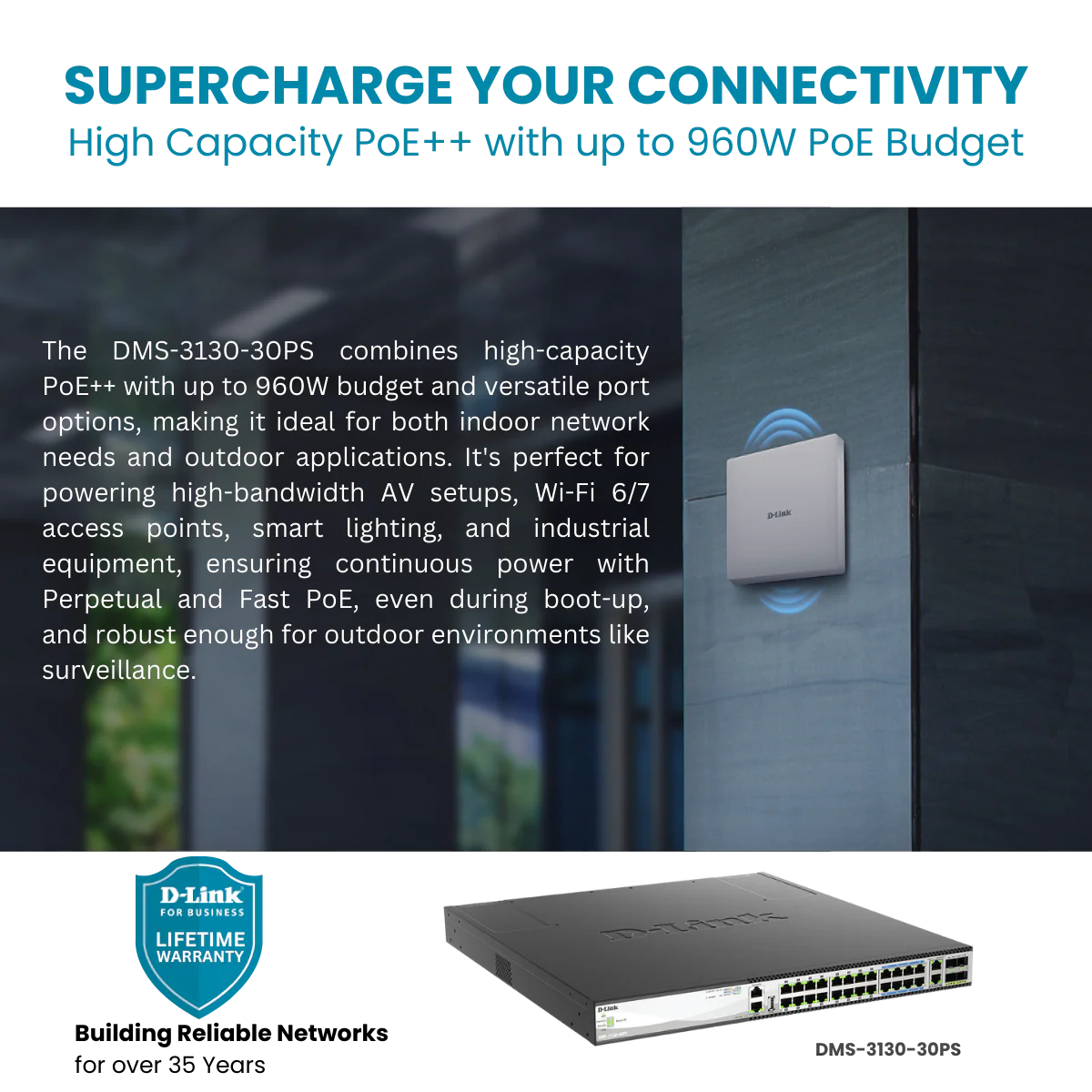 D-Link 30-Port Managed Multi-Gigabit PoE++ Stackable Switch with 25GbE Uplinks | 16 1G/2.5G Ports + 8 1/2.5/5/10G Ports + 4 10/25G SFP28 Uplinks | PoE++ (740W/960W) | L3 | Stacking | Optional D-View| NDAA Compliant - (DMS-3130-30PS) - Image 5